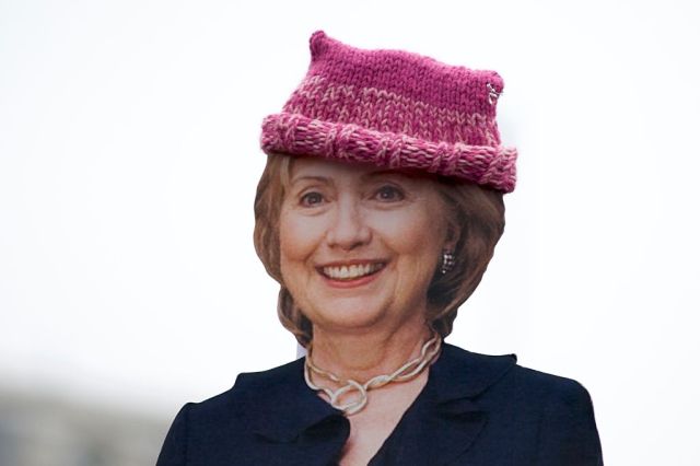 A placard of Hillary Clinton in a 'pussyhat'. Credit: Bastiaan Slabbers / NurPhoto/Getty