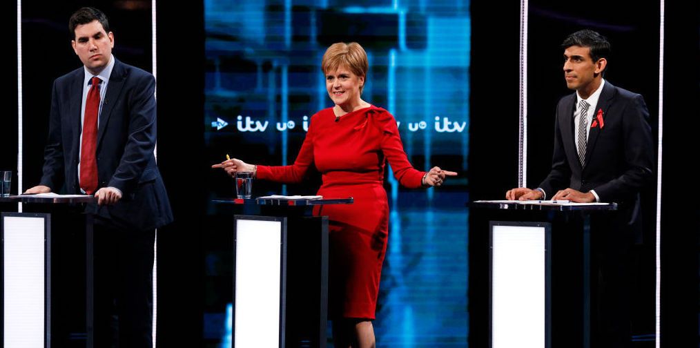 Richard Burgon (L), Nicola Sturgeon (centre) and Rishi Sunak (R) in the ITV election debate. Credit: Getty.