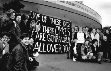 Me (top left) after we had broken into the showhome at the Ideal Home Exhibition to protest the comments from Margaret Thatcher about how lesbians with children were just "pretend families". Credit: Julie Bindel