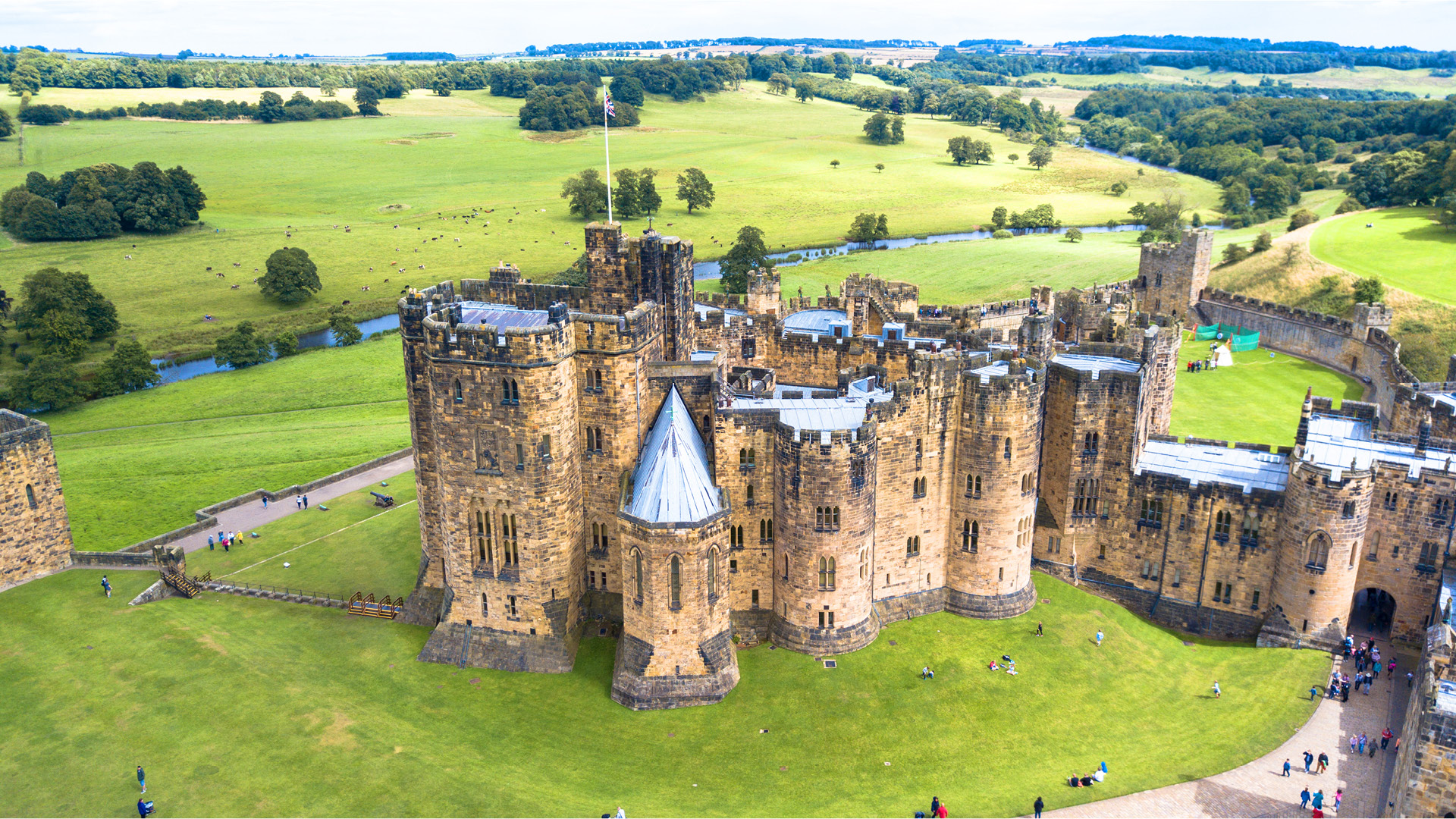 An aerial view of Alnwick Castle in the county of Northumberland