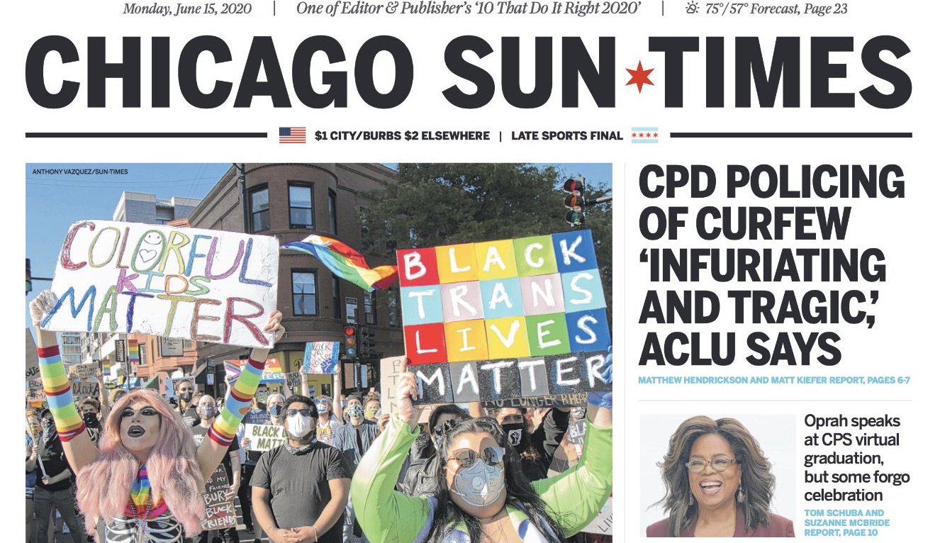 The front page of the Chicago Sun-Times newspaper