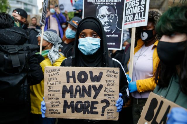 A Black Lives Matter demonstration in Parliament Square. Credit: Hollie Adams/Getty