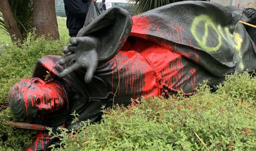 The toppled Juniperro Serra statue in Golden Gate Park, San Francisco