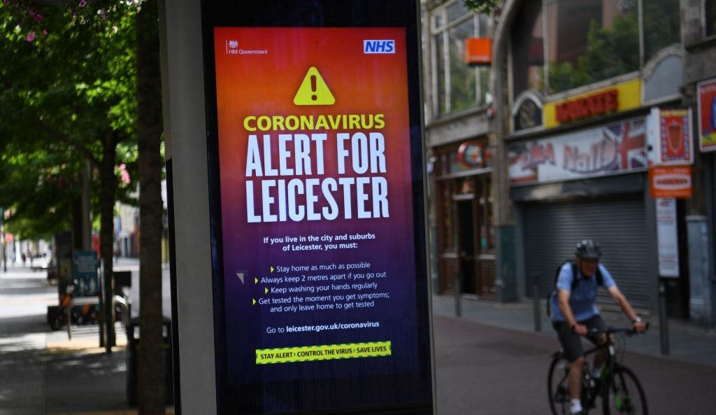 Signs on a Leicester high street as the local lockdown was imposed