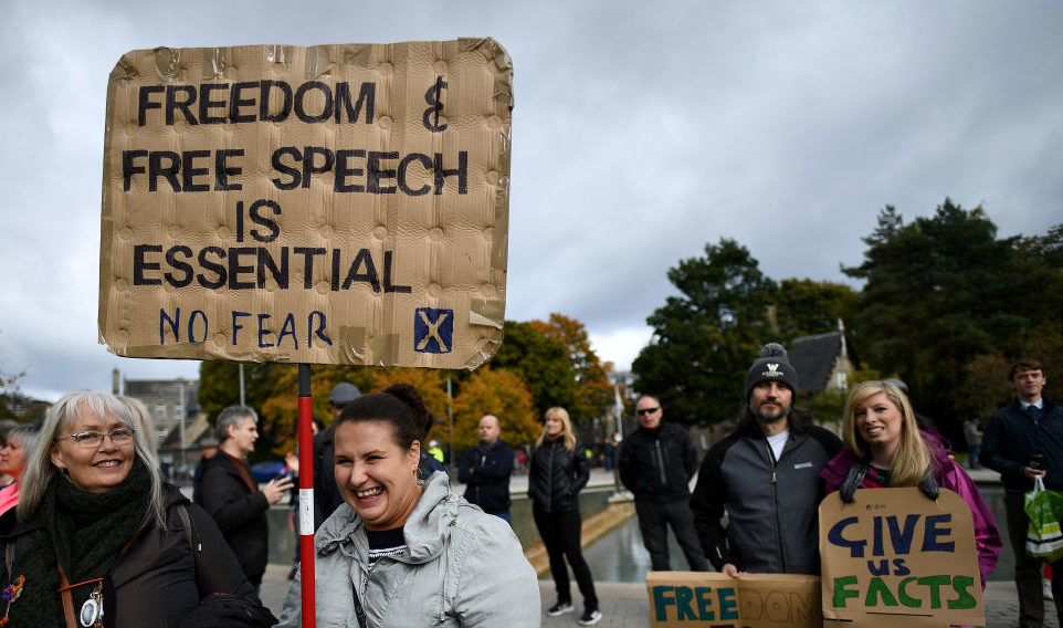 Protestors in Edinburgh demand free speech. Credit: Jeff J Mitchell/Getty Images