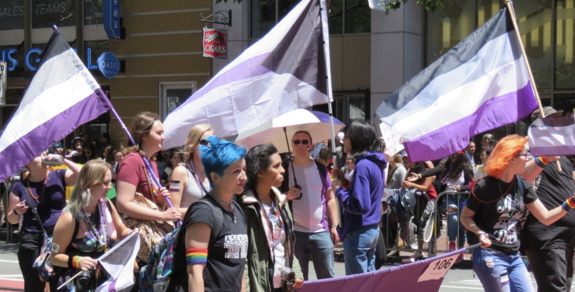 A demisexual flag (centre). Credit: Getty