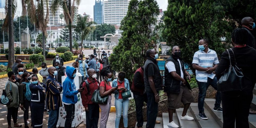 Kenyans wait to register for the first injection of the Oxford/AstraZeneca Covid-19. Credit: Getty