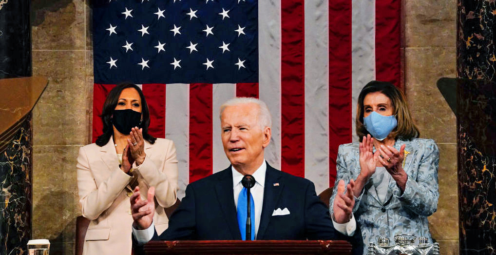 Joe Biden addresses a joint session of Congress, with Kamala Harris and Nancy Pelosi. Credit: Getty
