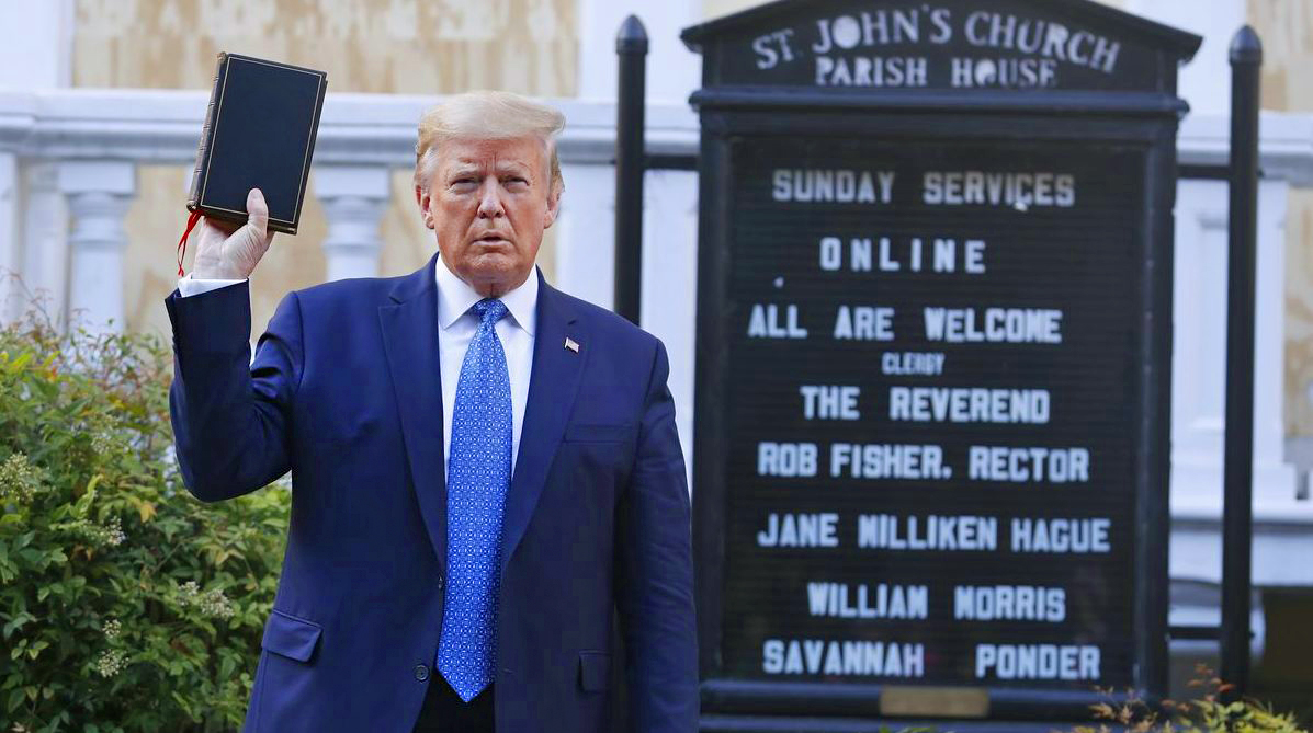 Donald Trump stands outside St John's Church, Lafayette Sq. in June 2020. 