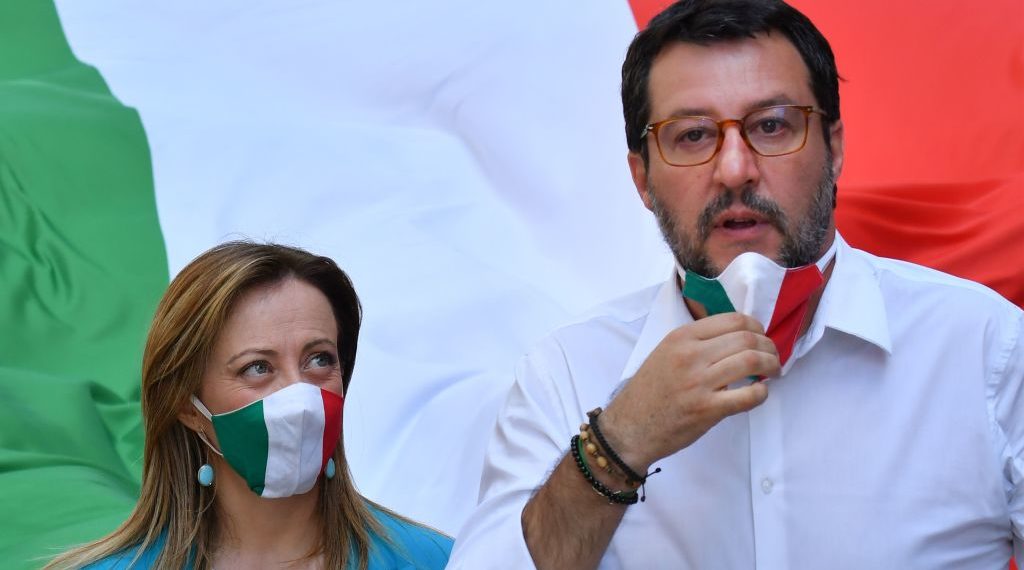 Matteo Salvini and Georgia Meloni protesting lockdowns last summer.(Photo by Alberto PIZZOLI / AFP) (Photo by ALBERTO PIZZOLI/AFP via Getty Images)