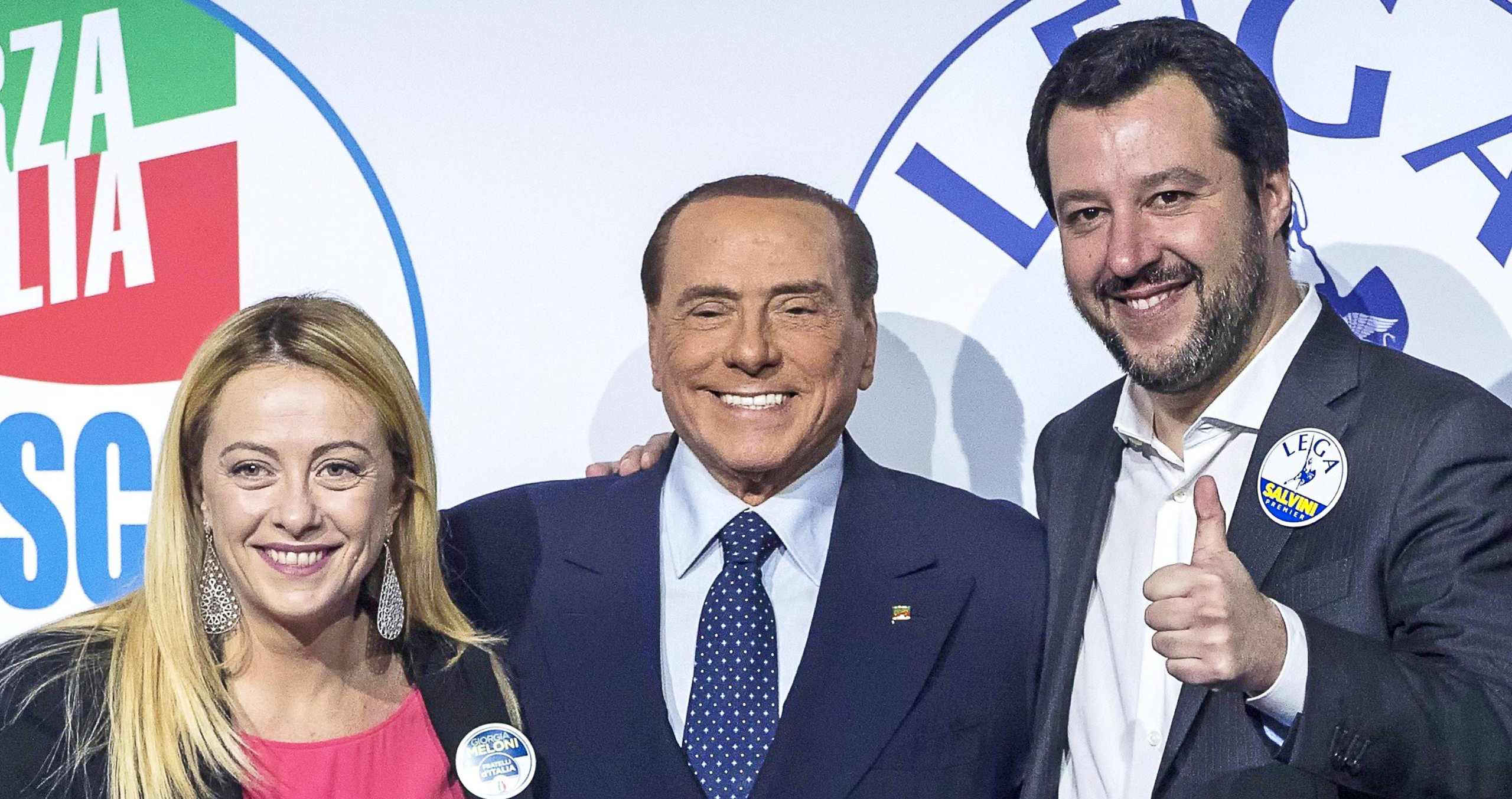 Giorgia Meloni (L), Silvio Berlusconi (centre) and Matteo Salvini (R)