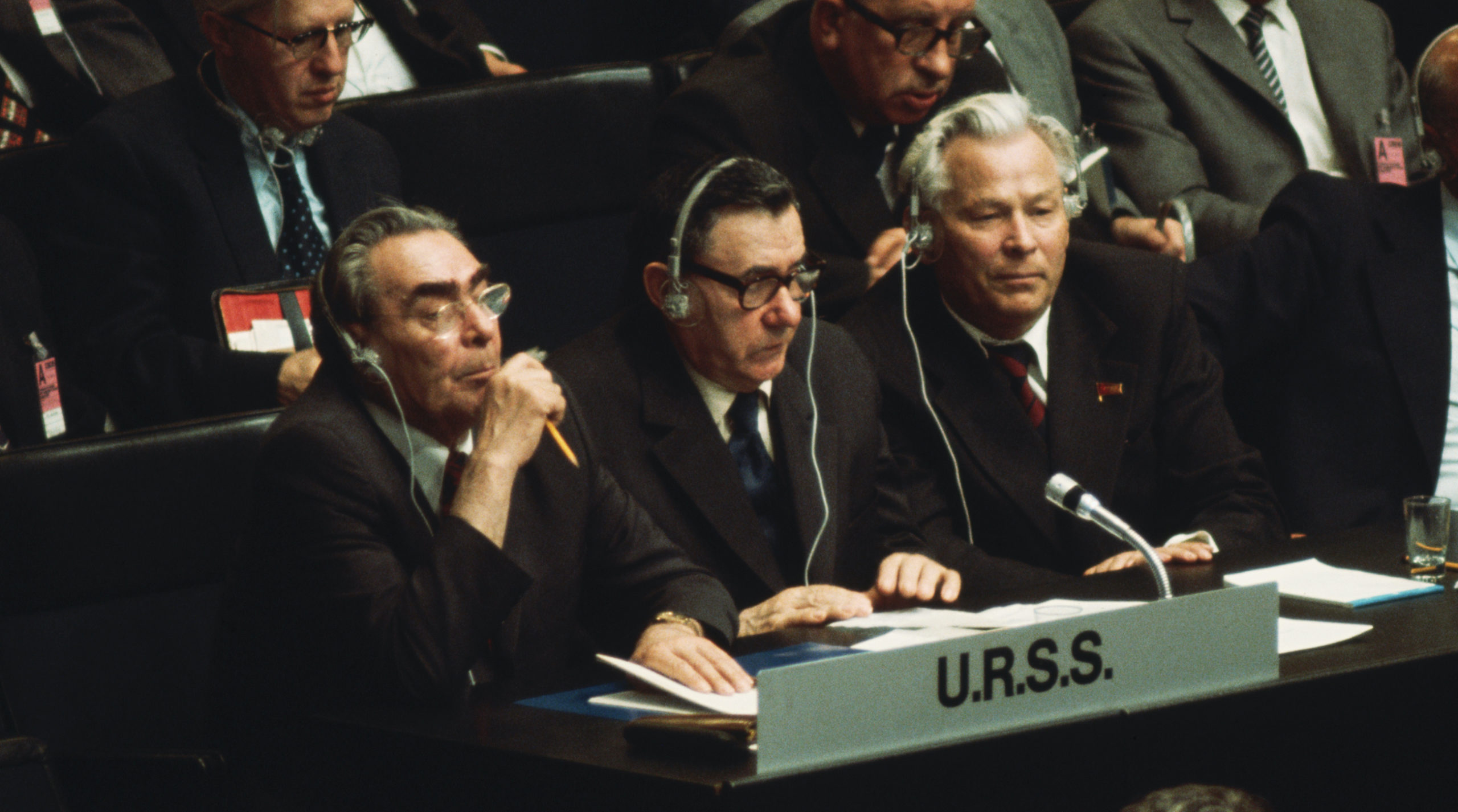 Soviet General Secretary Leonid Brezhnev attends a summit in Helsinki with his foreign minister, Andrey Gromyko, and an adviser, Konstantin Chernenko. Credit: Getty