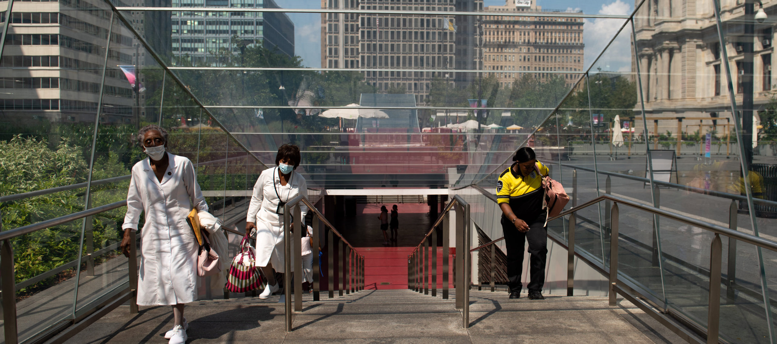 Commuters exit a subway stop at City Hall in Philadelphia. Credit: Getty