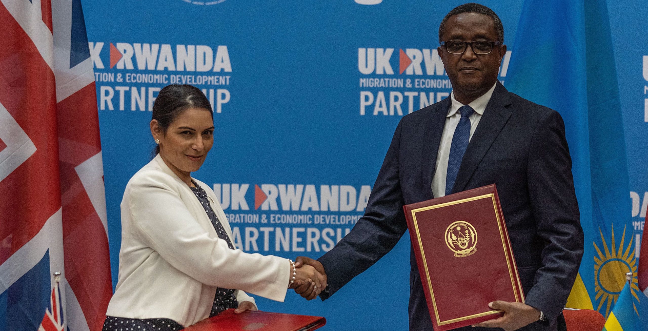 Priti Patel (L), and Rwandan Minister of Foreign Affairs and International Cooperation Vincent Biruta. Credit: Getty