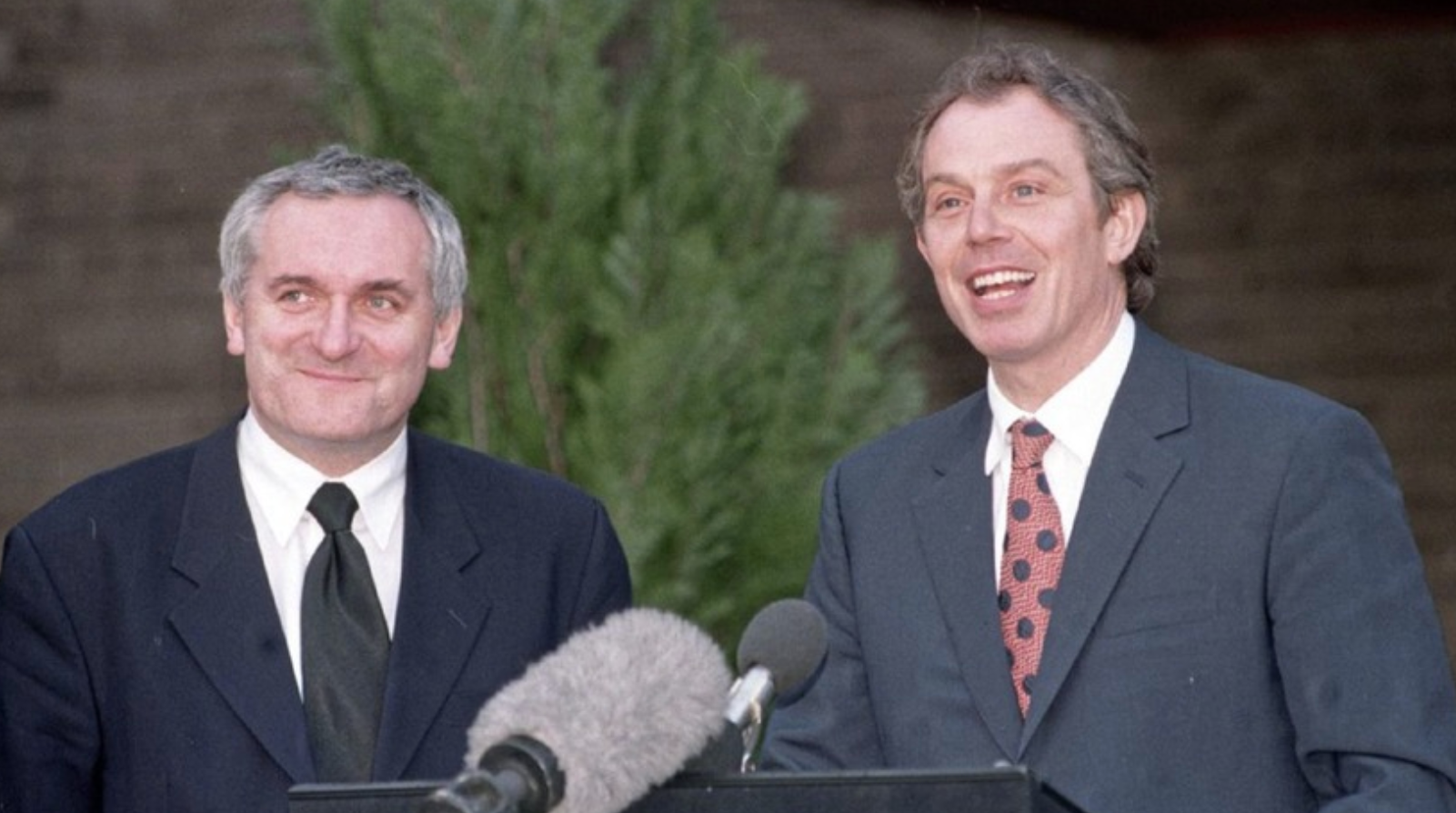Tony Blair announcing the signing of the Good Friday Agreement alongside former taoiseach Bertie Ahern 