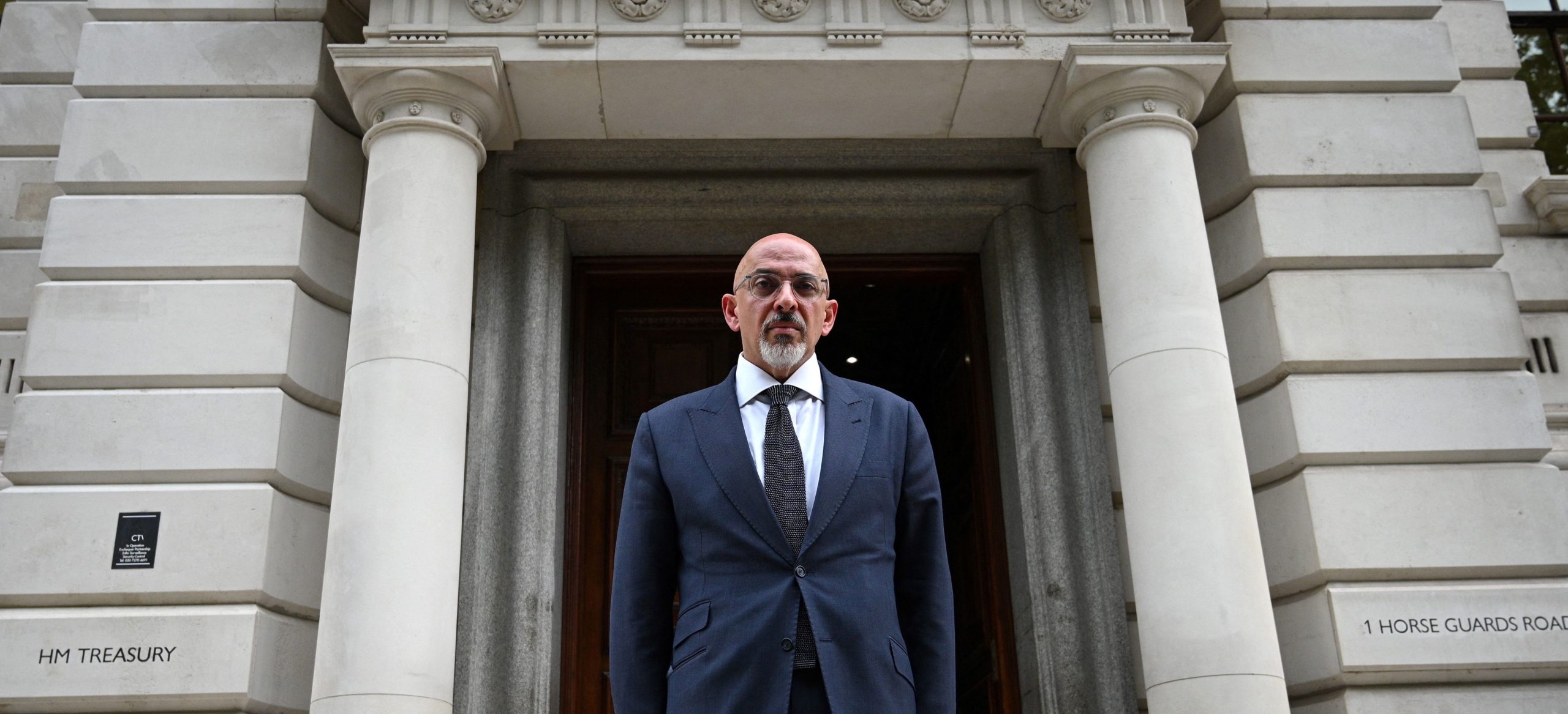 Chancellor of the Exchequer Nadhim Zahawi stands outside the Treasury. Getty