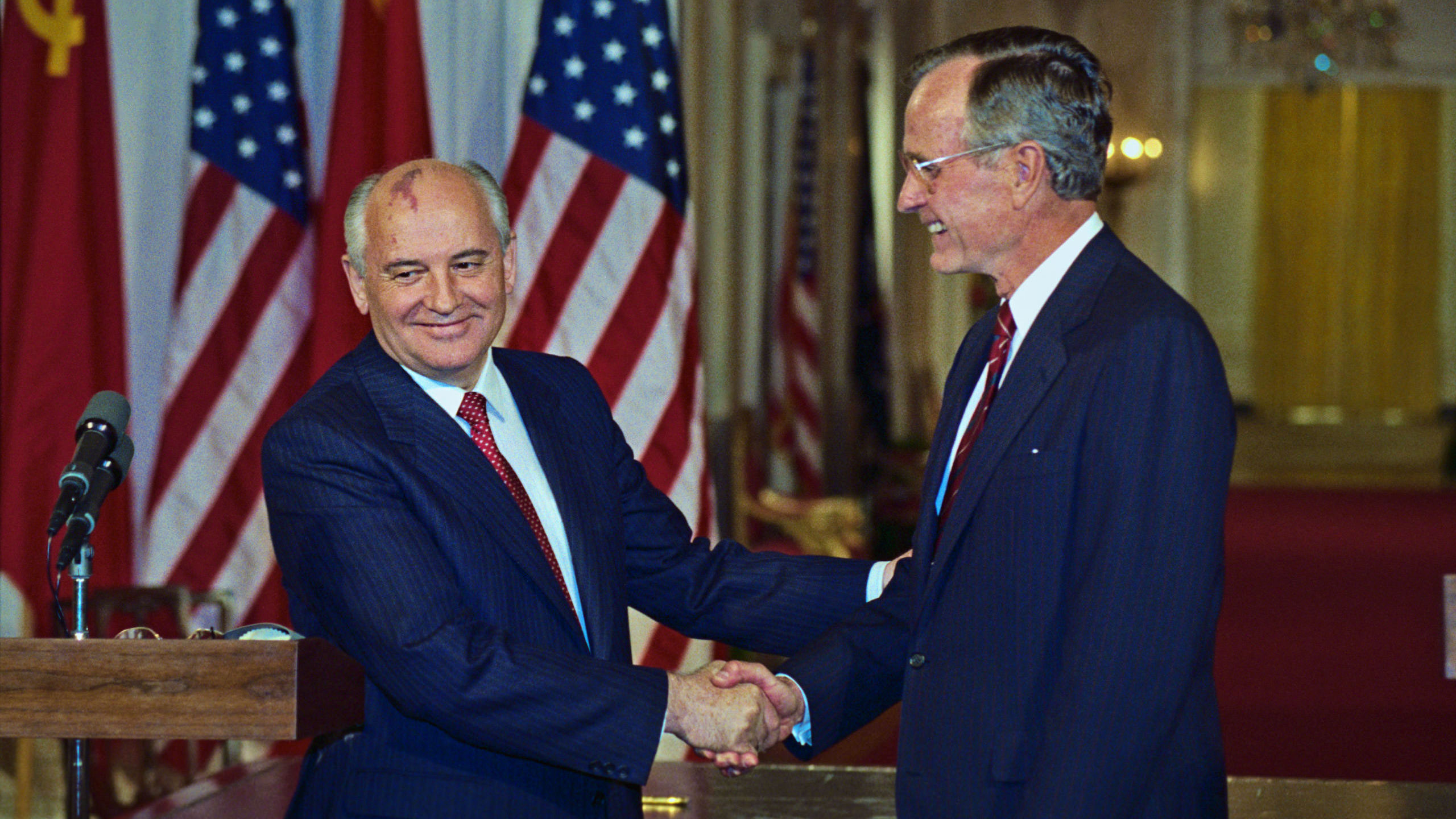Best of enemies: Mikhail Gorbachev and George H.W. Bush (Credit: Bettmann/Getty)
