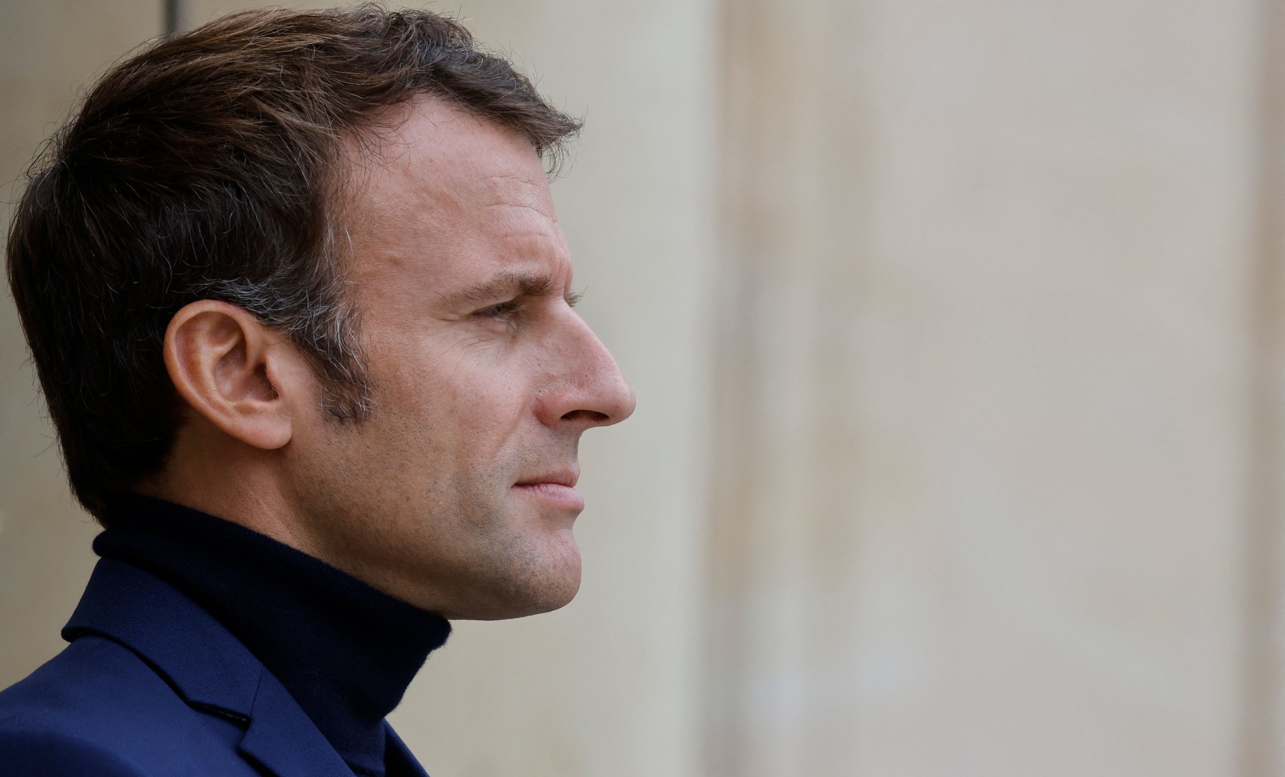 President Emmanuel Macron models his Alexandre Bompard number. Credit: Getty