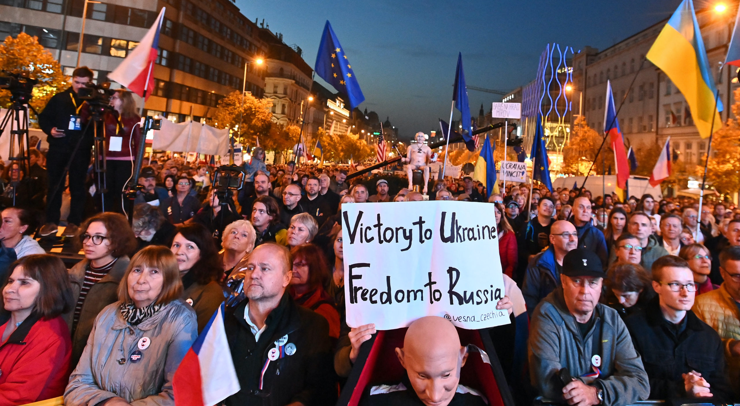 A pro-Ukraine protest at Wenceslas Square in Prague. Credit: Getty