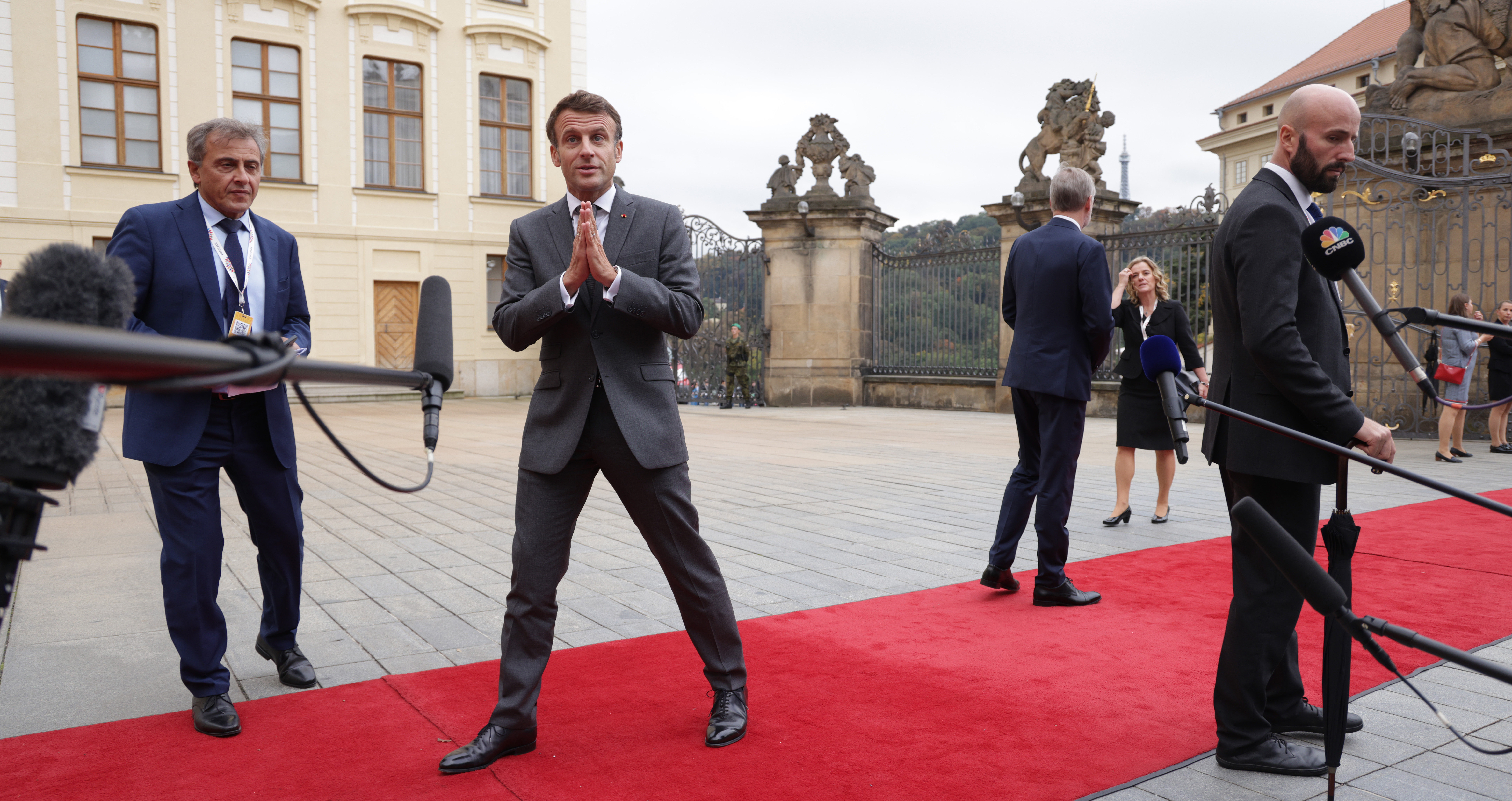 Emmanuel Macron arrives for the inaugural meeting of the EPC in Prague