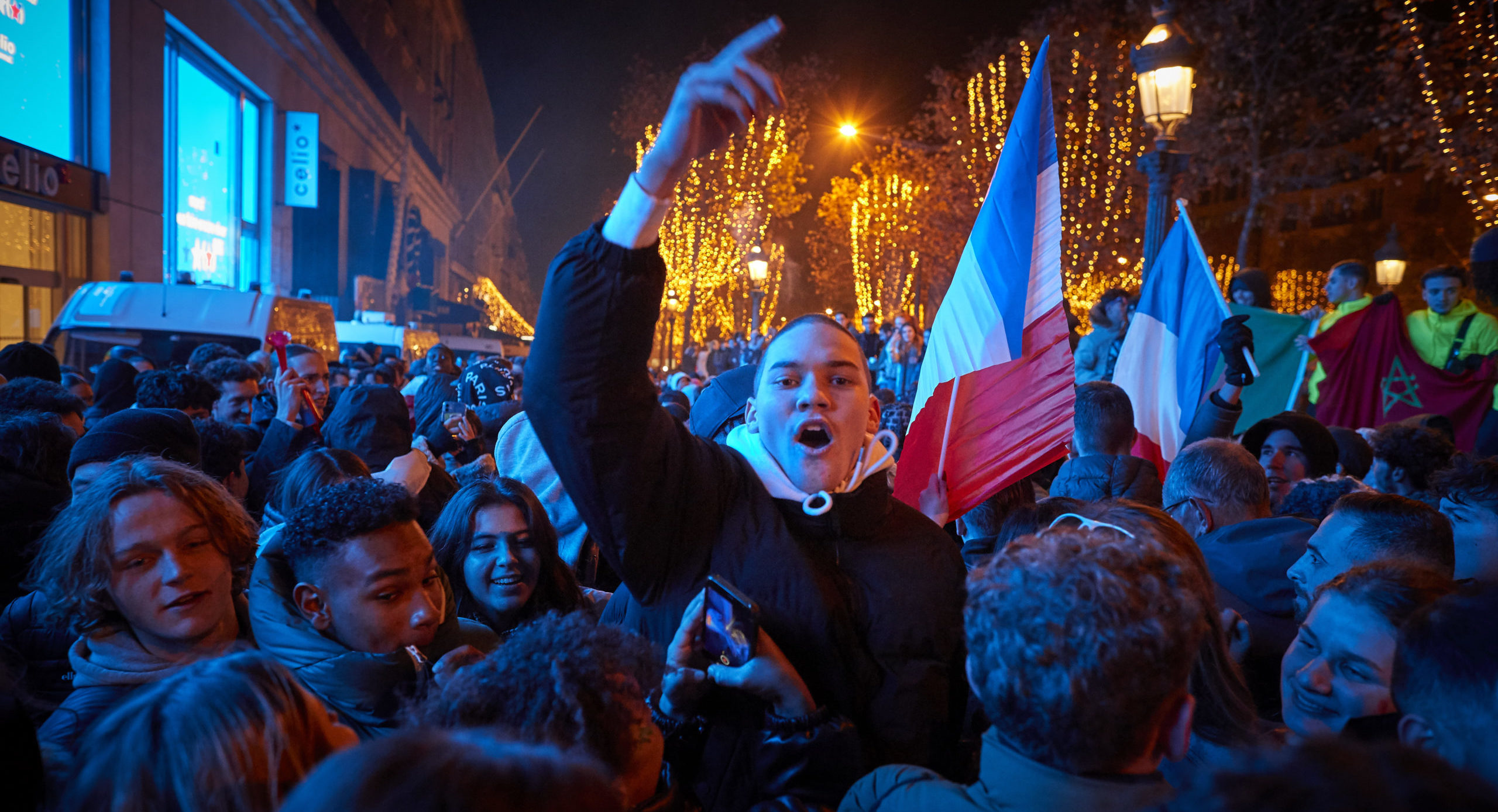 French fans celebrate on the Champs-Élysées after the semi-final match. Credit: Getty.