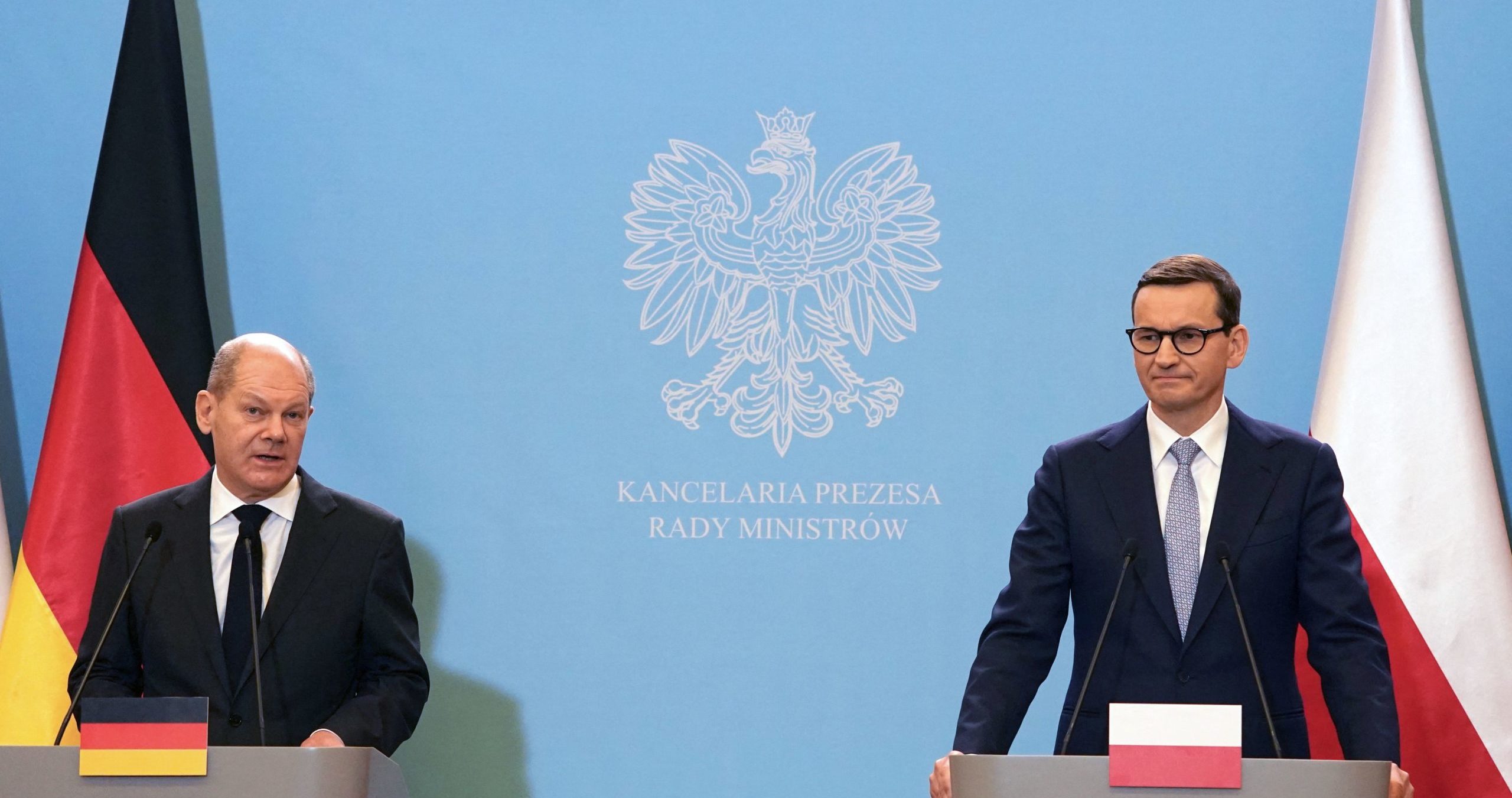 German Chancellor Olaf Scholz and Polish Prime Minister Mateusz Morawiecki. Credit: Getty.