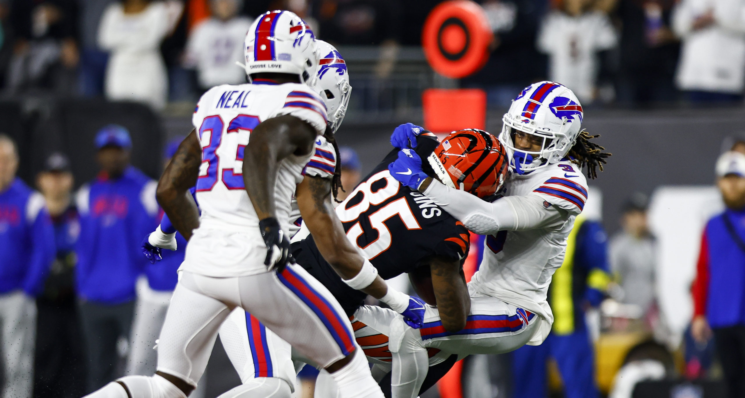 Damar Hamlin #3 of the Buffalo Bills tackles Tee Higgins #85 of the Cincinnati Bengals. Credit: Getty
