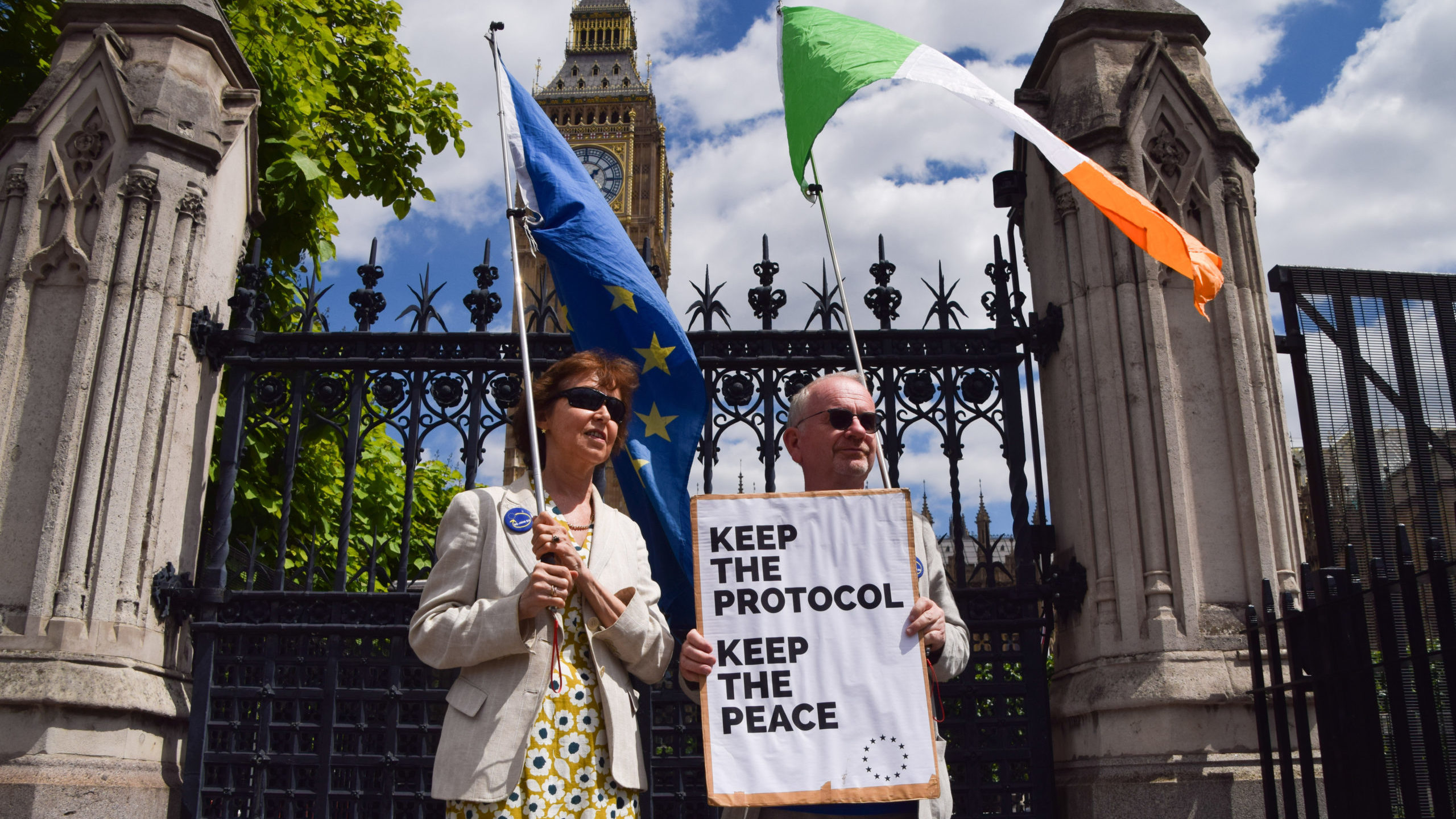 Protesters holding EU and Ireland flags, and a 'Keep the Protocol' placard, stand outside Parliament. Credit: Getty.