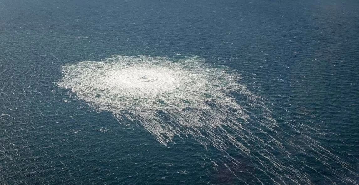 The Nord Stream gas leak seen from a Danish interceptor in September 2022. Credit: Danish Defence via Getty.