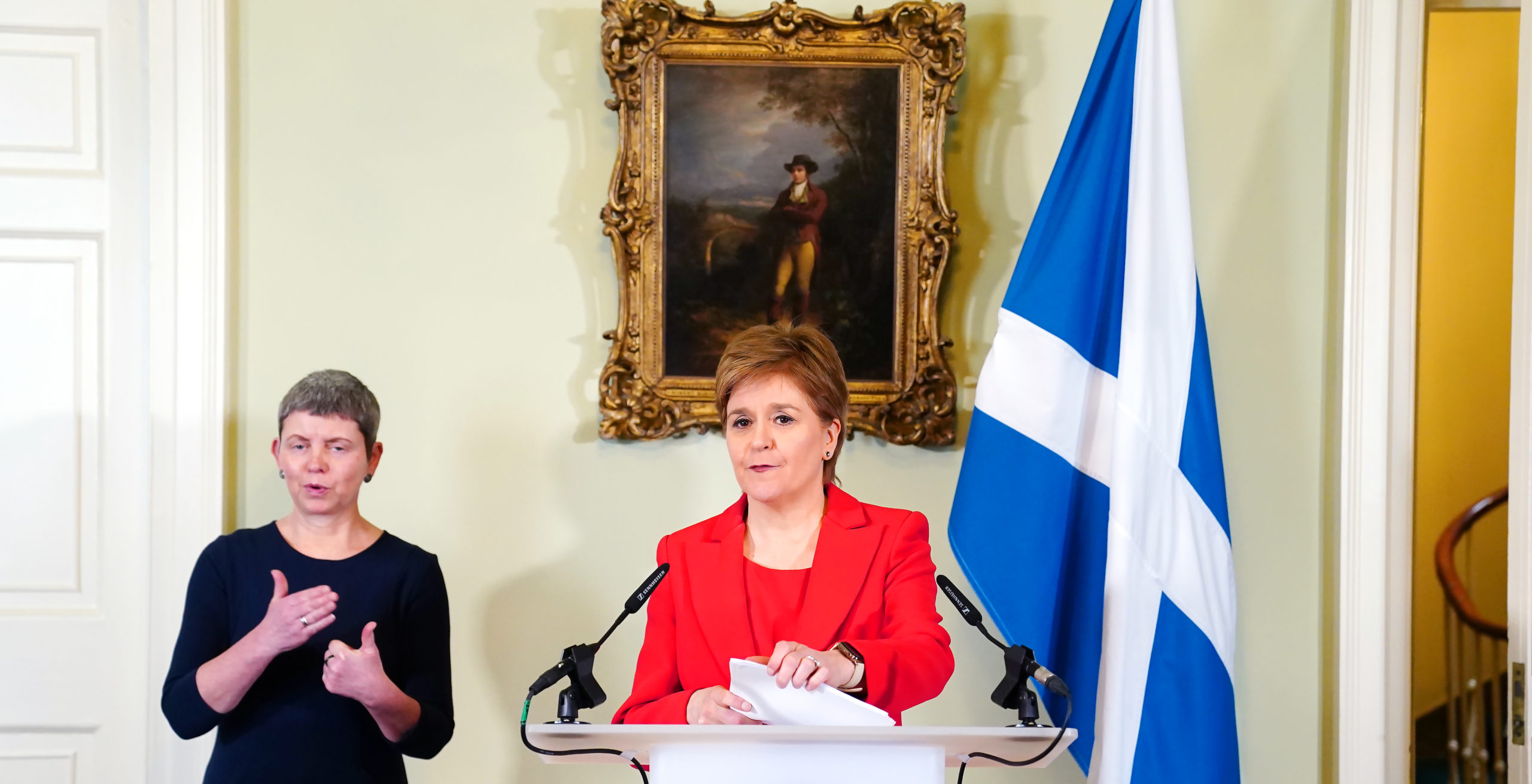 Nicola Sturgeon speaks at Bute House in Edinburgh this morning. Credit: Getty