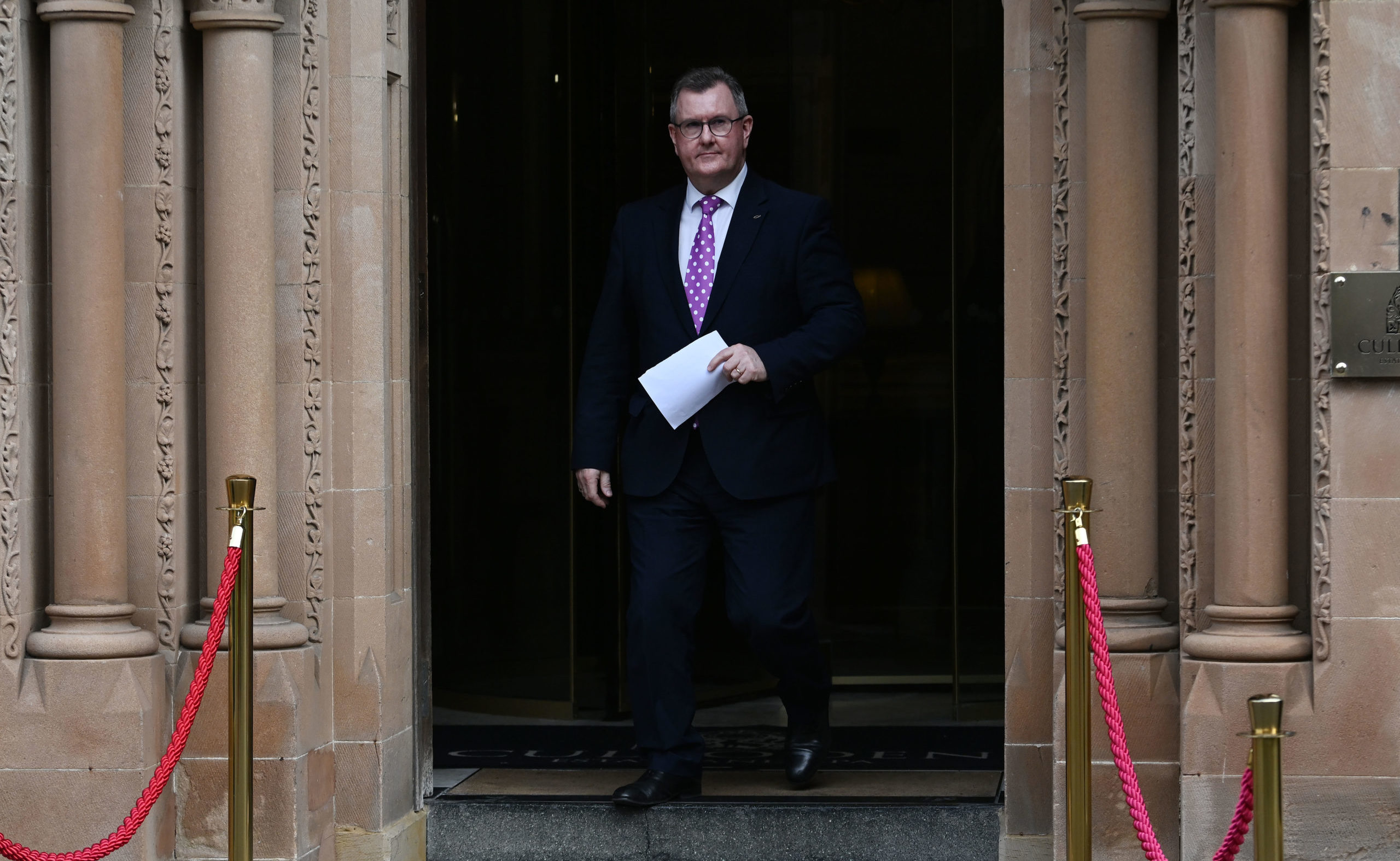 DUP leader Sir Jeffrey Donaldson after holding talks with Rishi Sunak in Belfast in February. Credit: Getty.