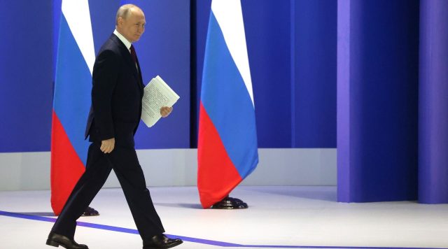 Putin railed against the West and shifted blame for the war in his annual speech. Credit: Getty.