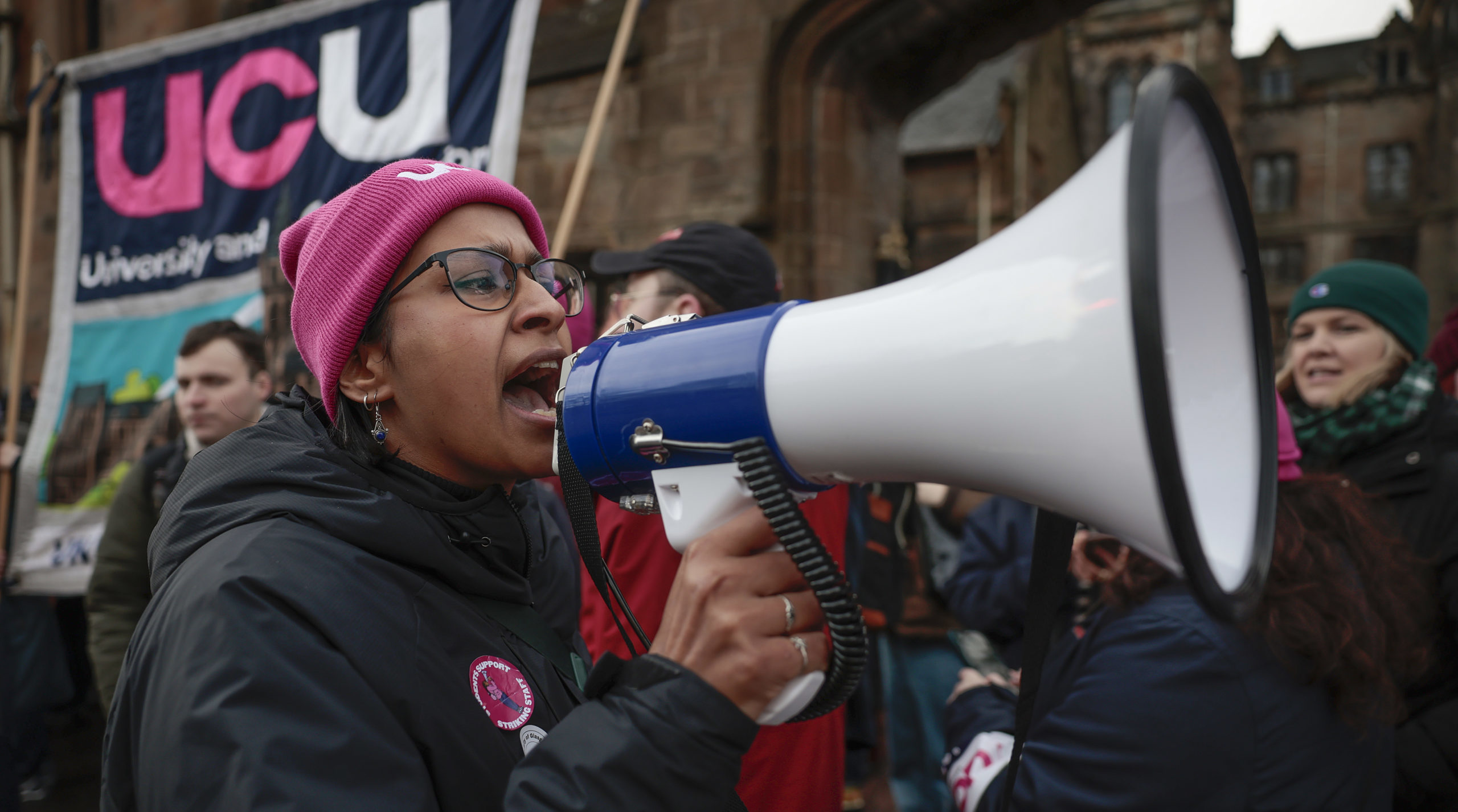 Protesters gather on a picket outside Glasgow University this month. Credit: Getty.