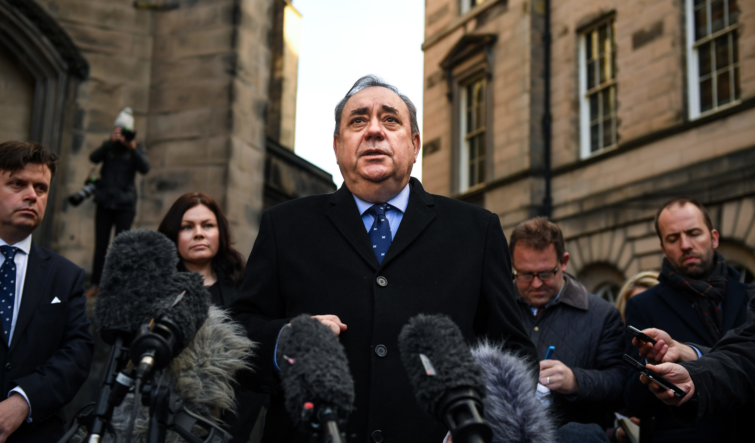 Alex Salmond delivers a statement outside the court during his trial in Edinburgh. Credit: Getty.