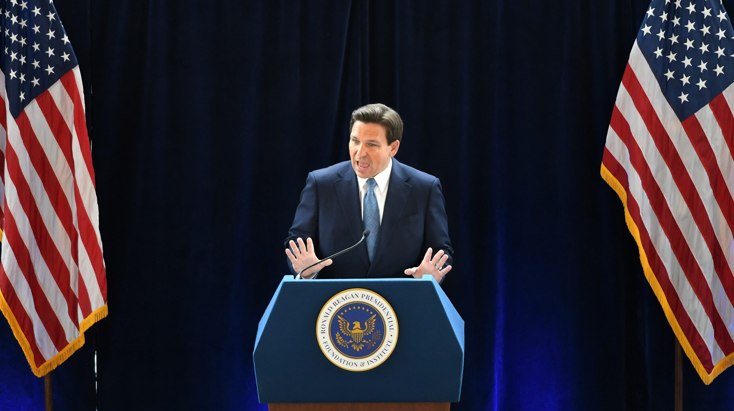 Ron DeSantis speaking in California earlier this month. Credit: Getty.