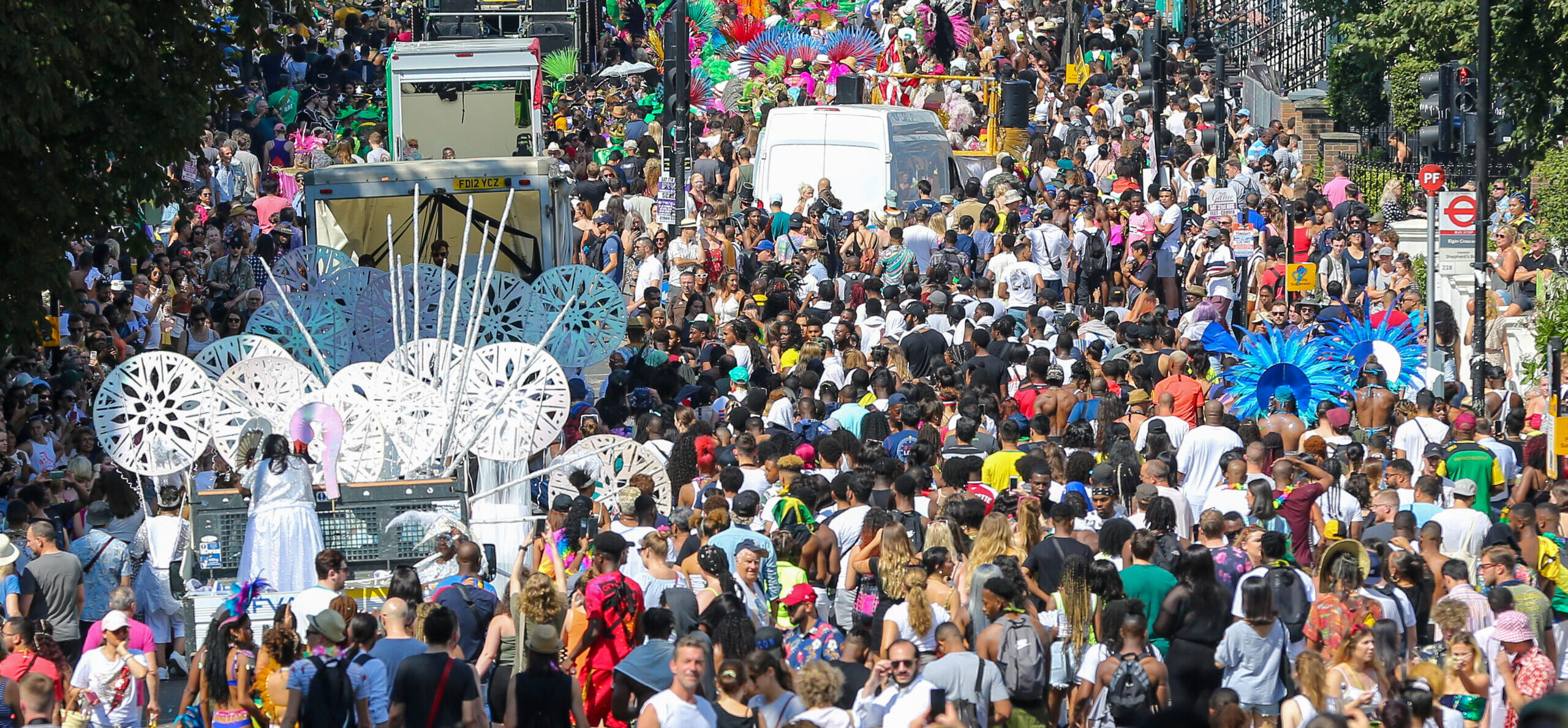 Crowd of revellers during the 2019 Notting Hill Carnival in London. Credit: Getty