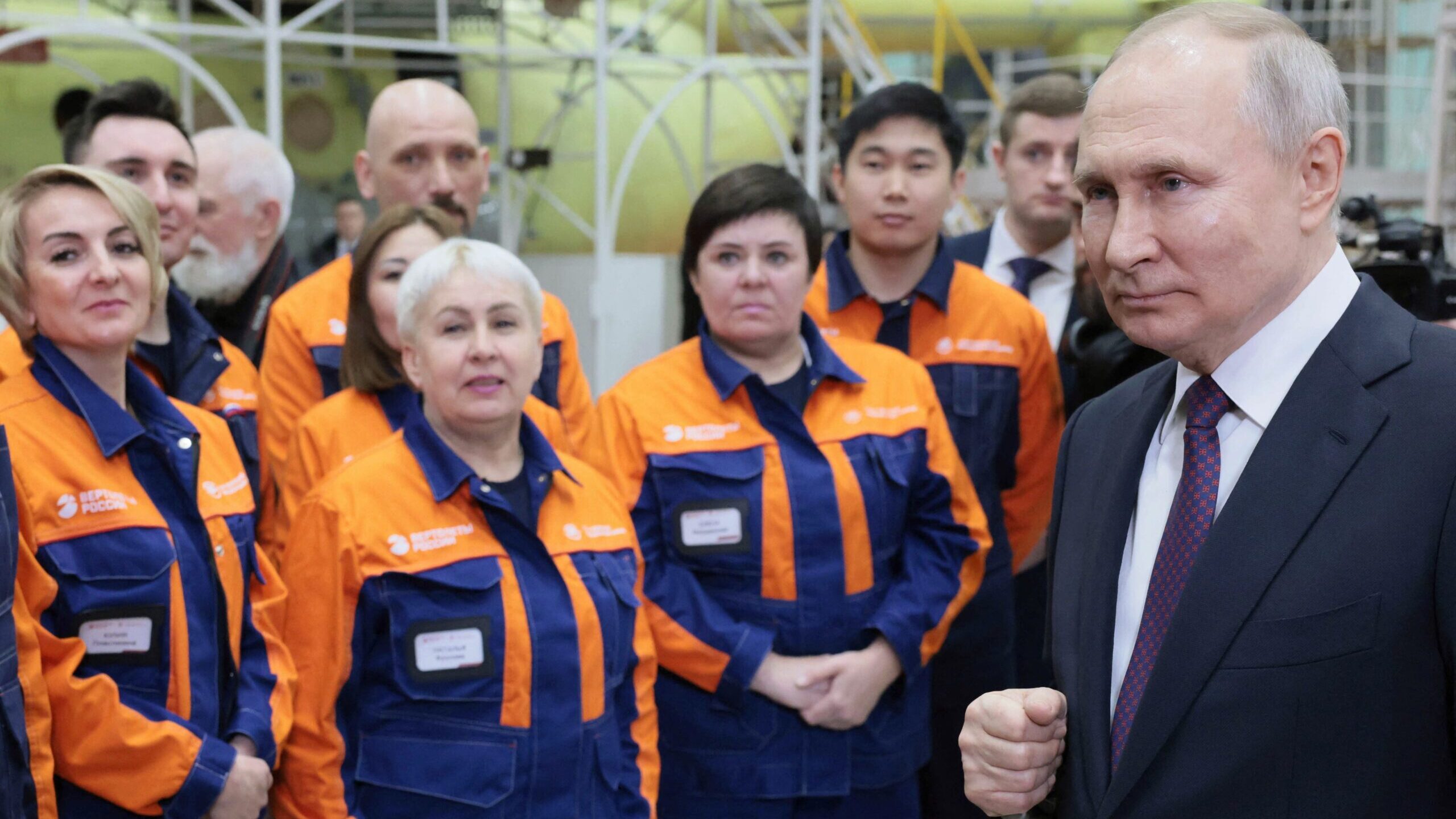 Vladimir Putin visits an aviation factory in March. Credit: Getty