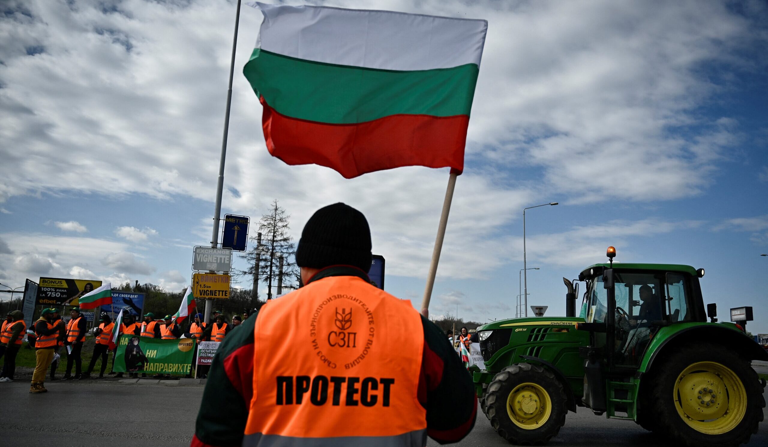 A Bulgarian farmer protests grain imports from Ukraine. Credit: Getty