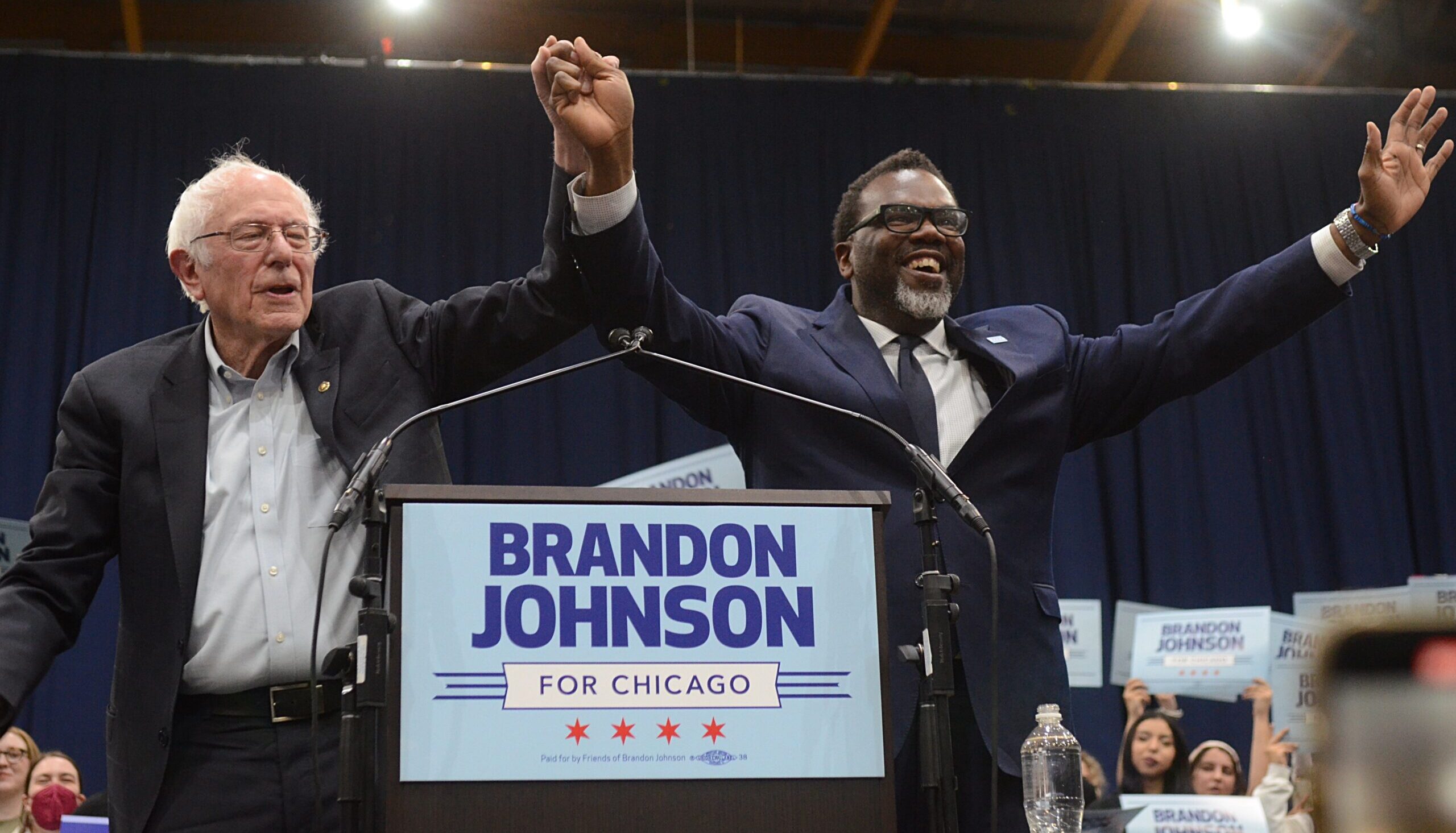 Bernie Sanders and Brandon Johnson during a Johnson rally last week. Credit: Getty