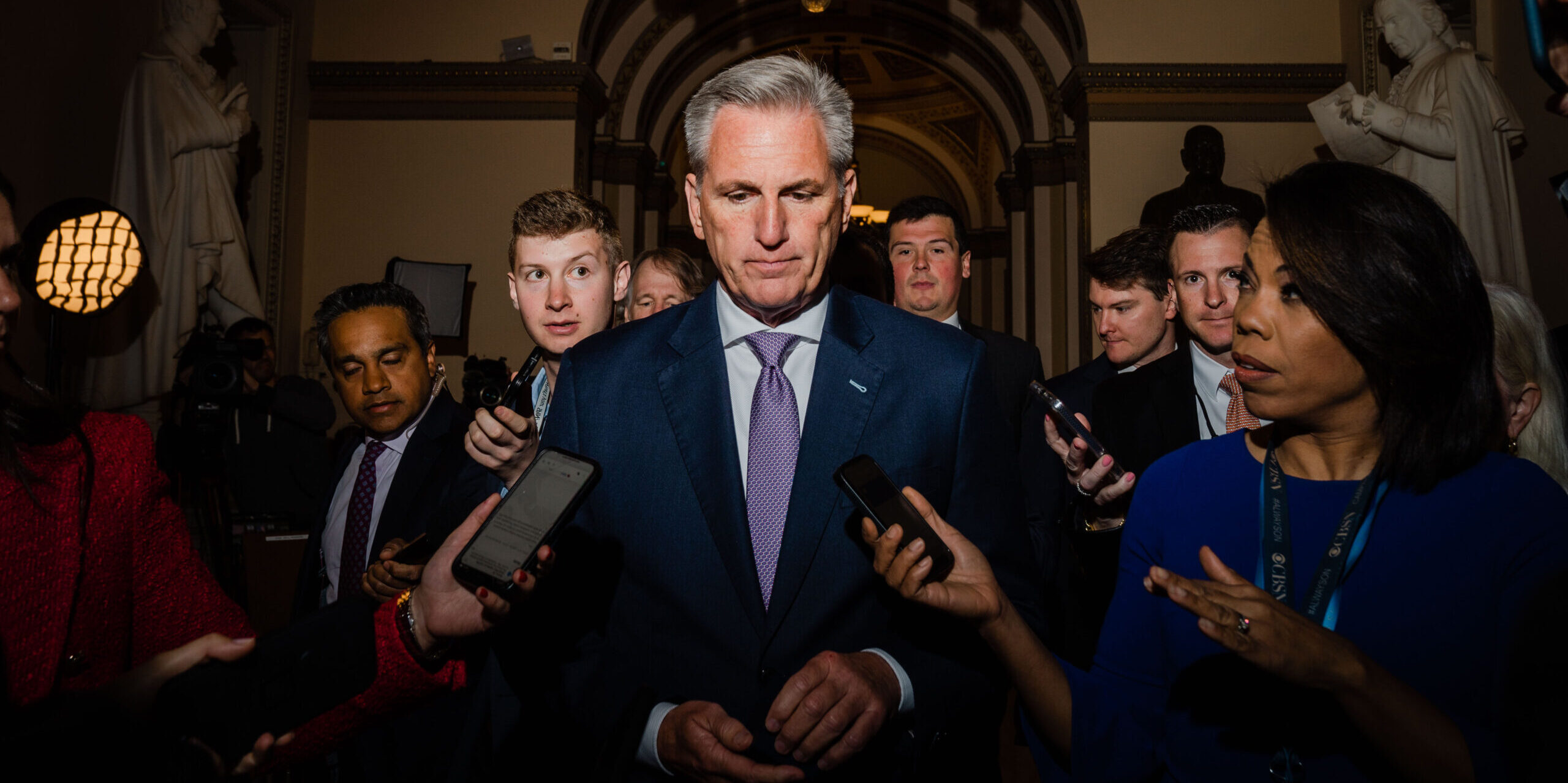 Republican House Speaker Kevin McCarthy questioned by reporters last week over the debt ceiling. Credit: Getty