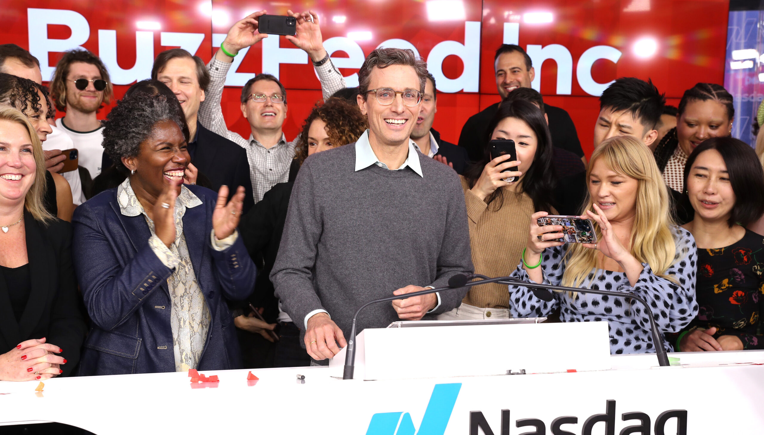 Jonah Peretti celebrates BuzzFeed Inc.'s Listing Day at Nasdaq. Credit: Getty