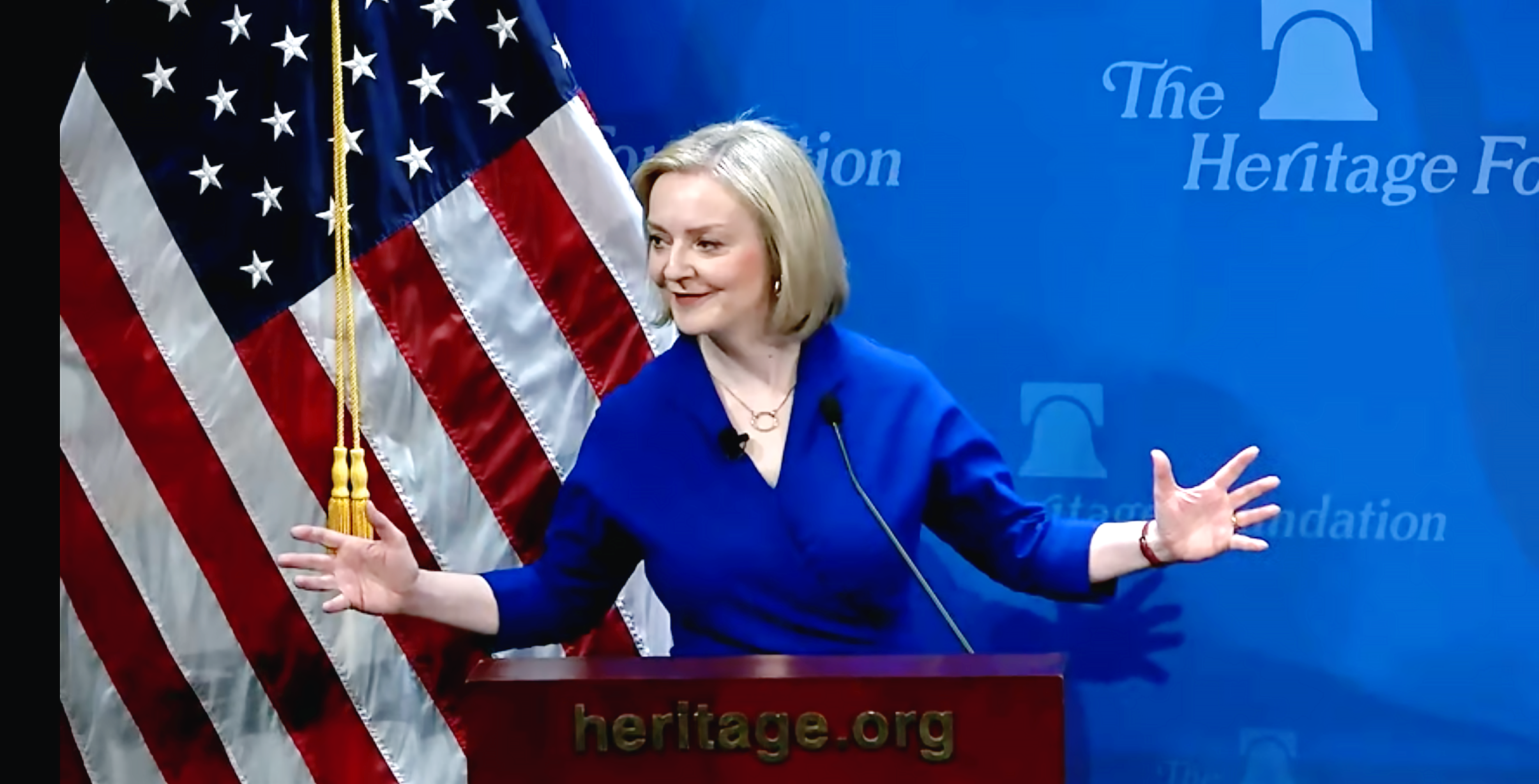 Liz Truss speaking in Washington on Wednesday