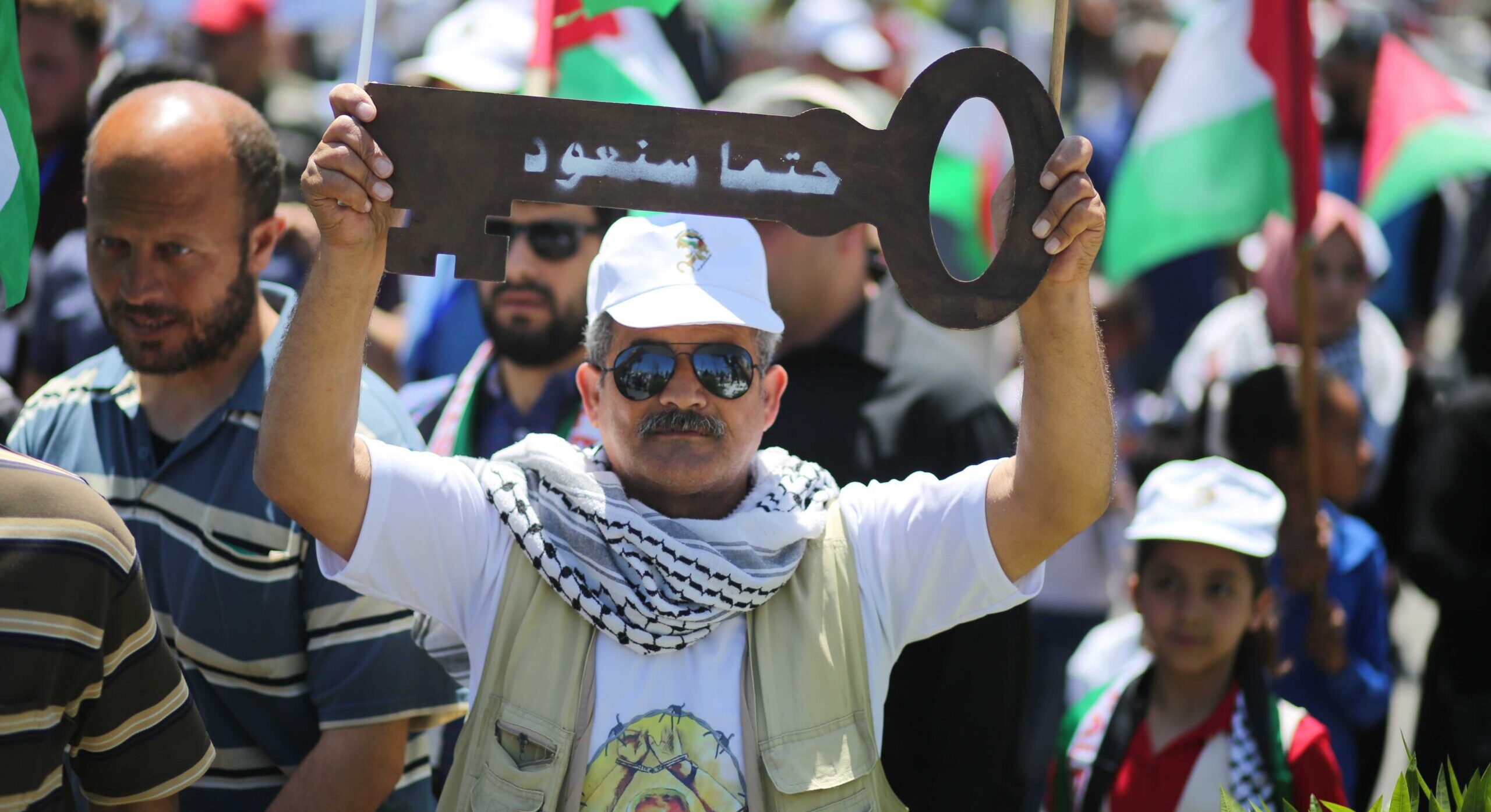 Palestinians protest in front of a UN office in Gaza on Nakba Day 2019.  Credit: Getty