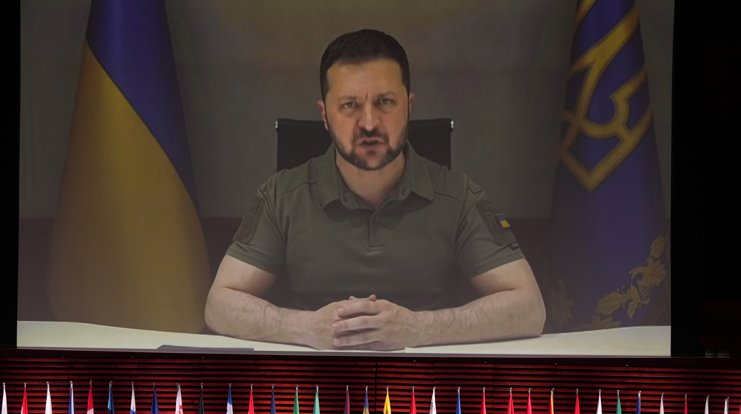 Volodymyr Zelenskyy addresses the Council of Europe summit. Credit: Getty