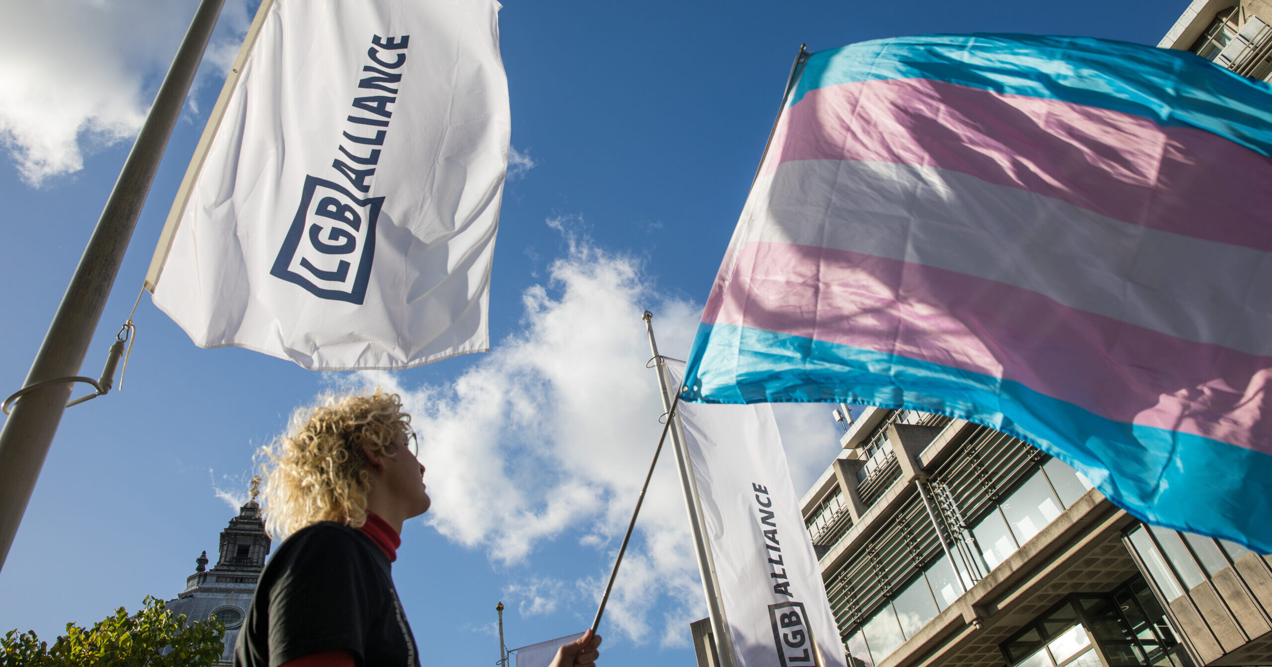 Trans activists protest the LGB Alliance conference in 2021. Credit: Getty