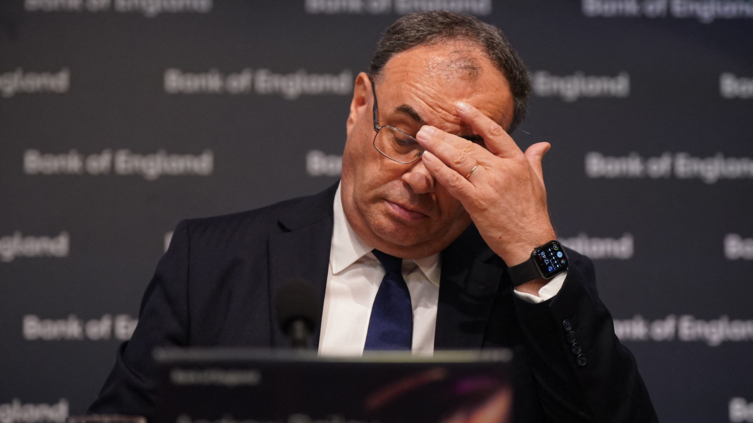 Bank of England Governor Andrew Bailey addresses the media in London. Credit: Getty