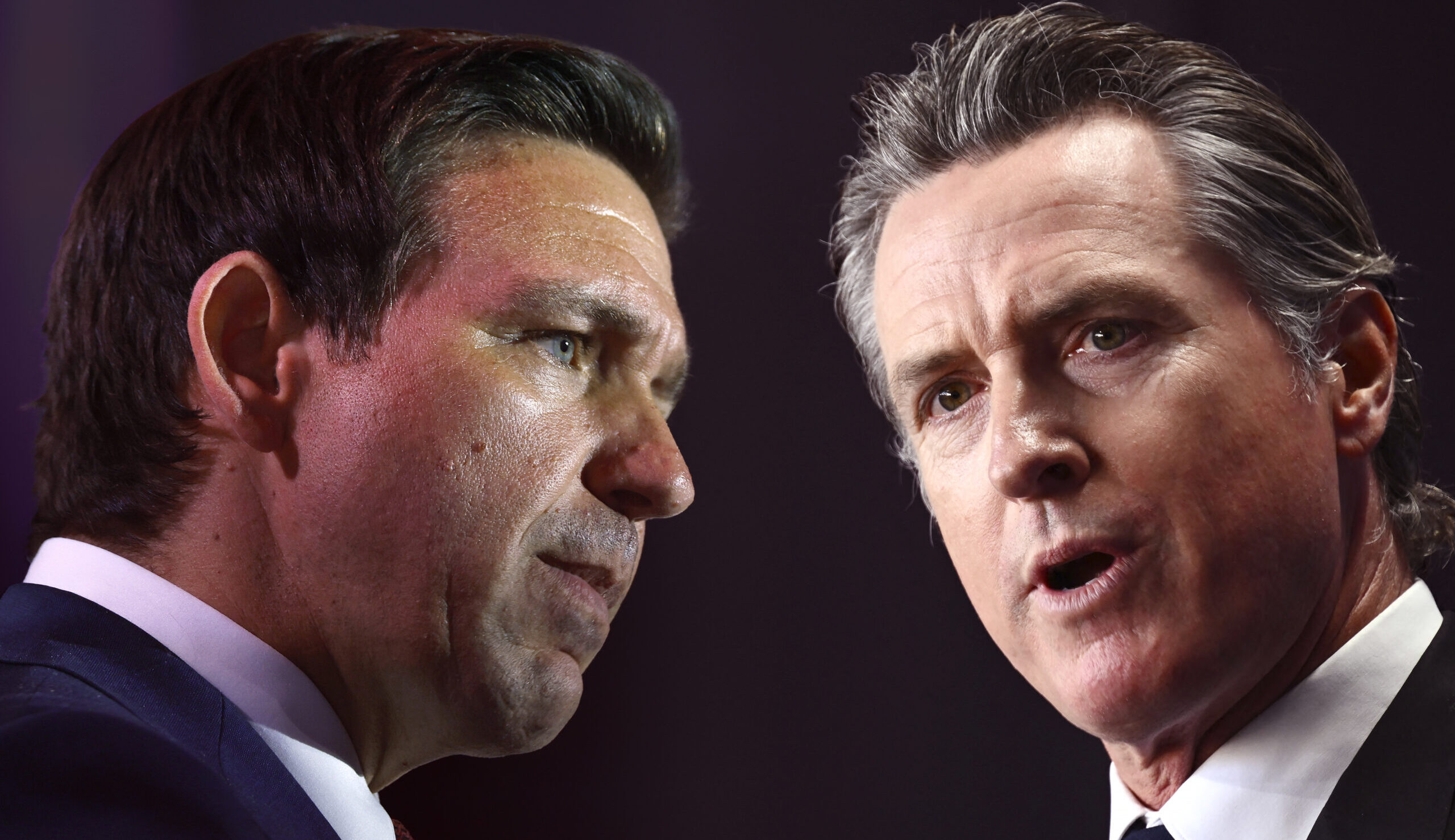 Ron DeSantis and Gavin Newsom diverge sharply on cultural issues. Credit: Getty/Billy Stephens