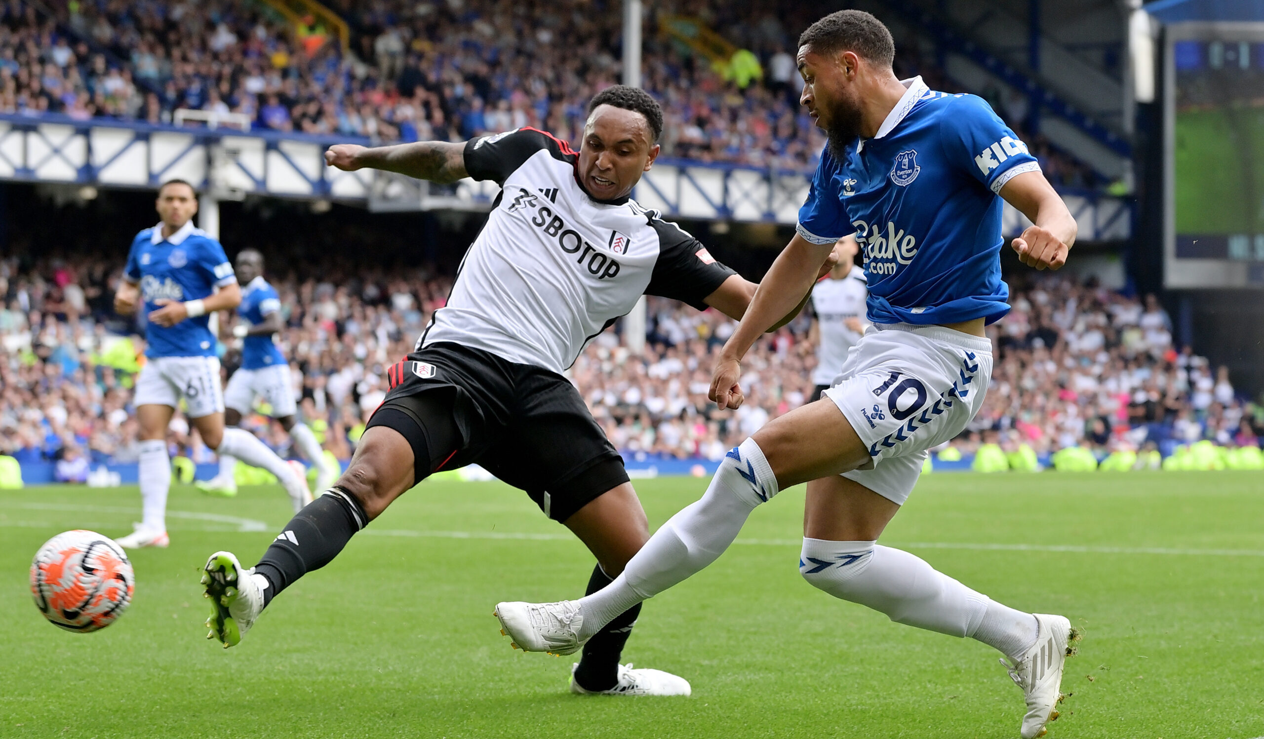 Saturday's Everton-Fulham match, in which both teams' shirts were sponsored by online bookmakers. Credit: Getty