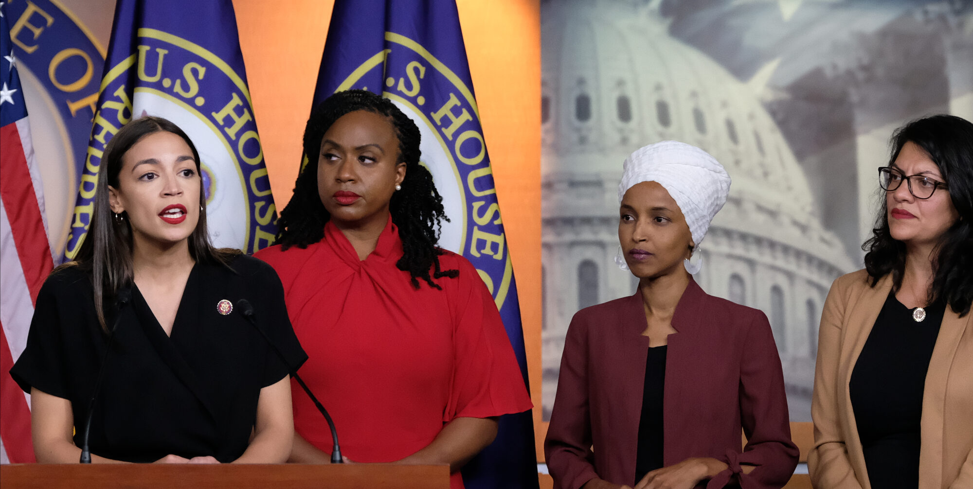 Members of the Squad Alexandria Ocasio-Cortez, Ayanna Pressley, Ilhan Omar and Rashida Tlaib. Credit: Getty