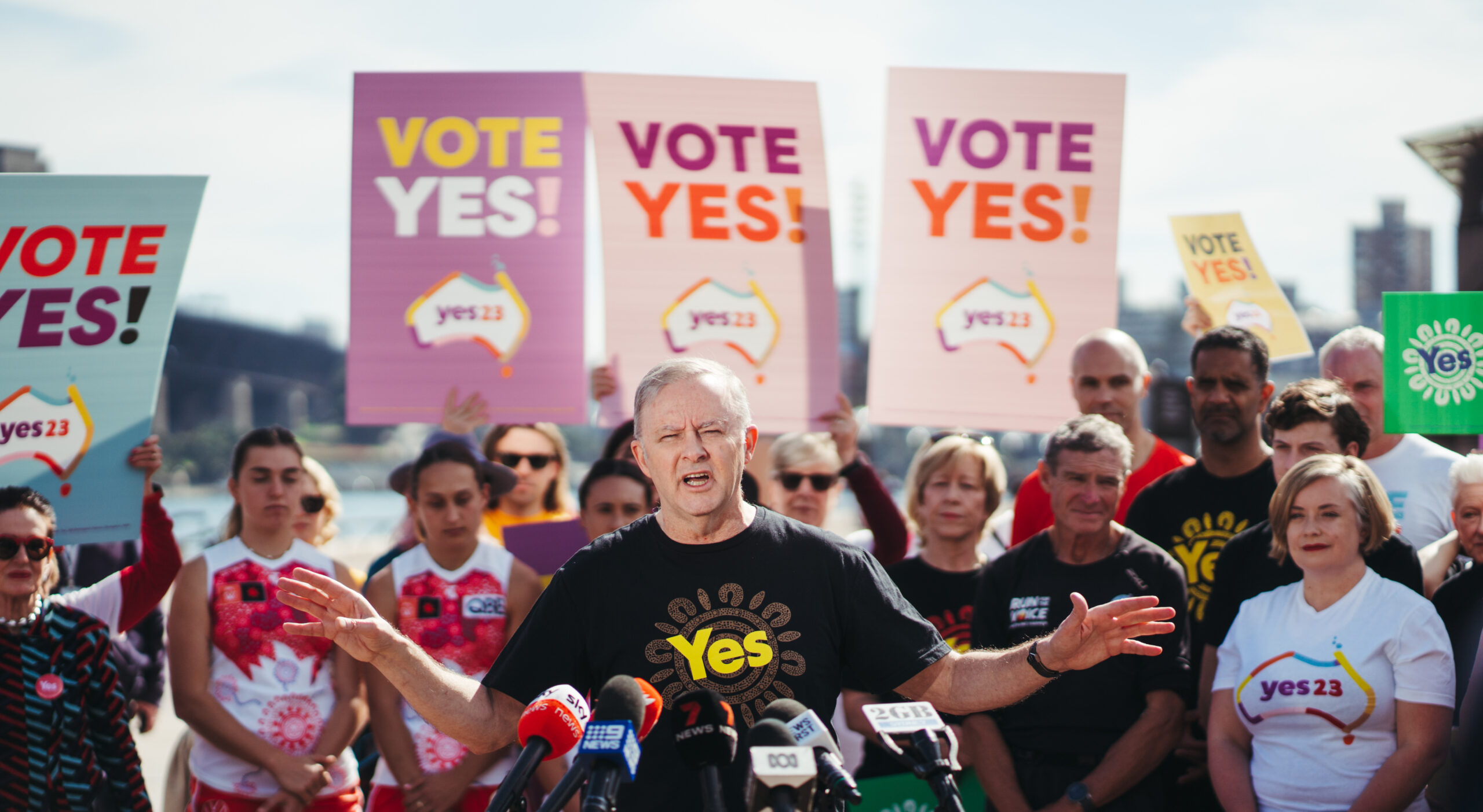 Prime Minister Anthony Albanese joined with supporters and Pat Farmer for his remarkable Run for the Voice campaign as he arrives at Sydney Opera House, August 22nd, 2023. (Photo by DION GEORGOPOULOS / Sydney Morning Herald via Getty Images)